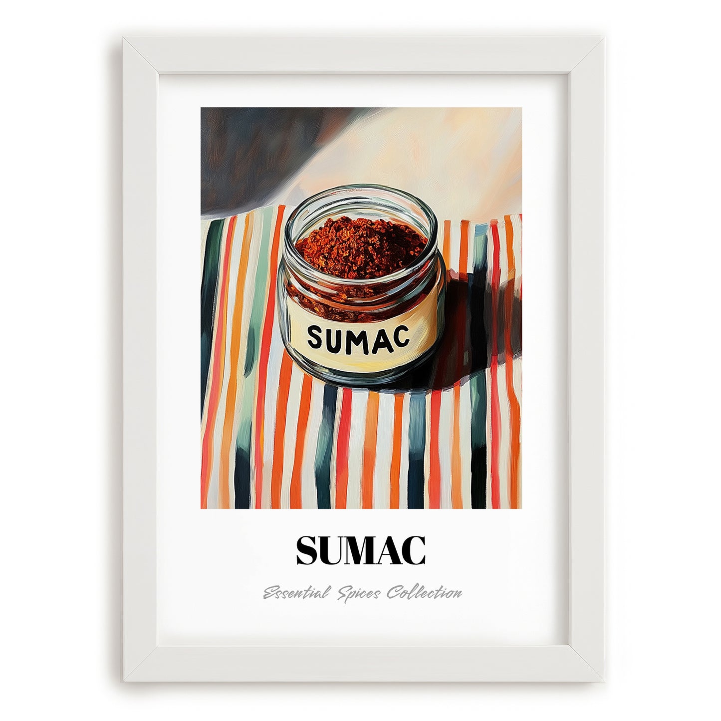 Sumac – on Striped Tablecloth, Spices Print, placed in minimal white frame