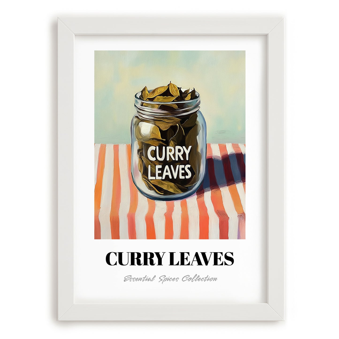 Curry Leaves – on Striped Tablecloth, Spices Wall Decor, placed in minimal white frame