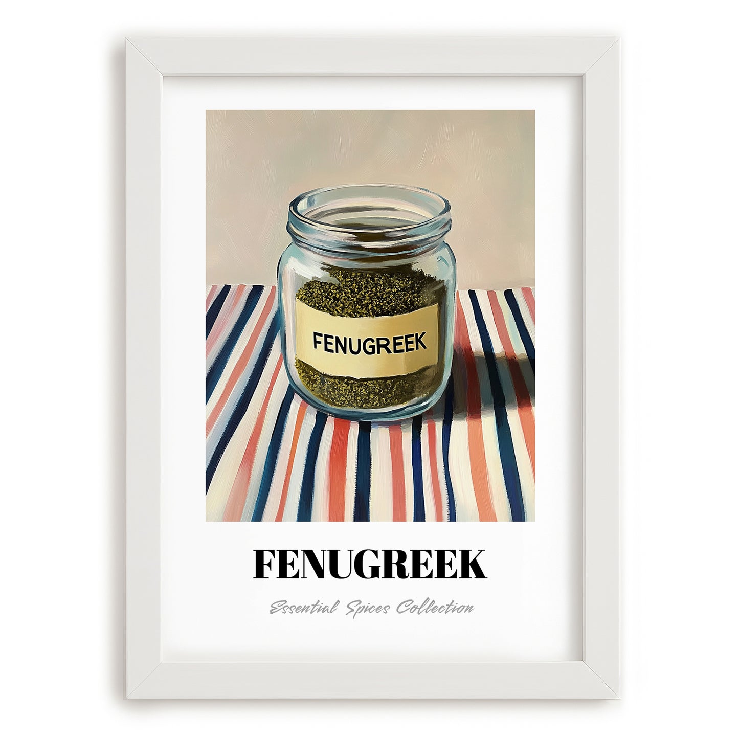 Fenugreek – on Striped Tablecloth, Spices Print, placed in minimal white frame