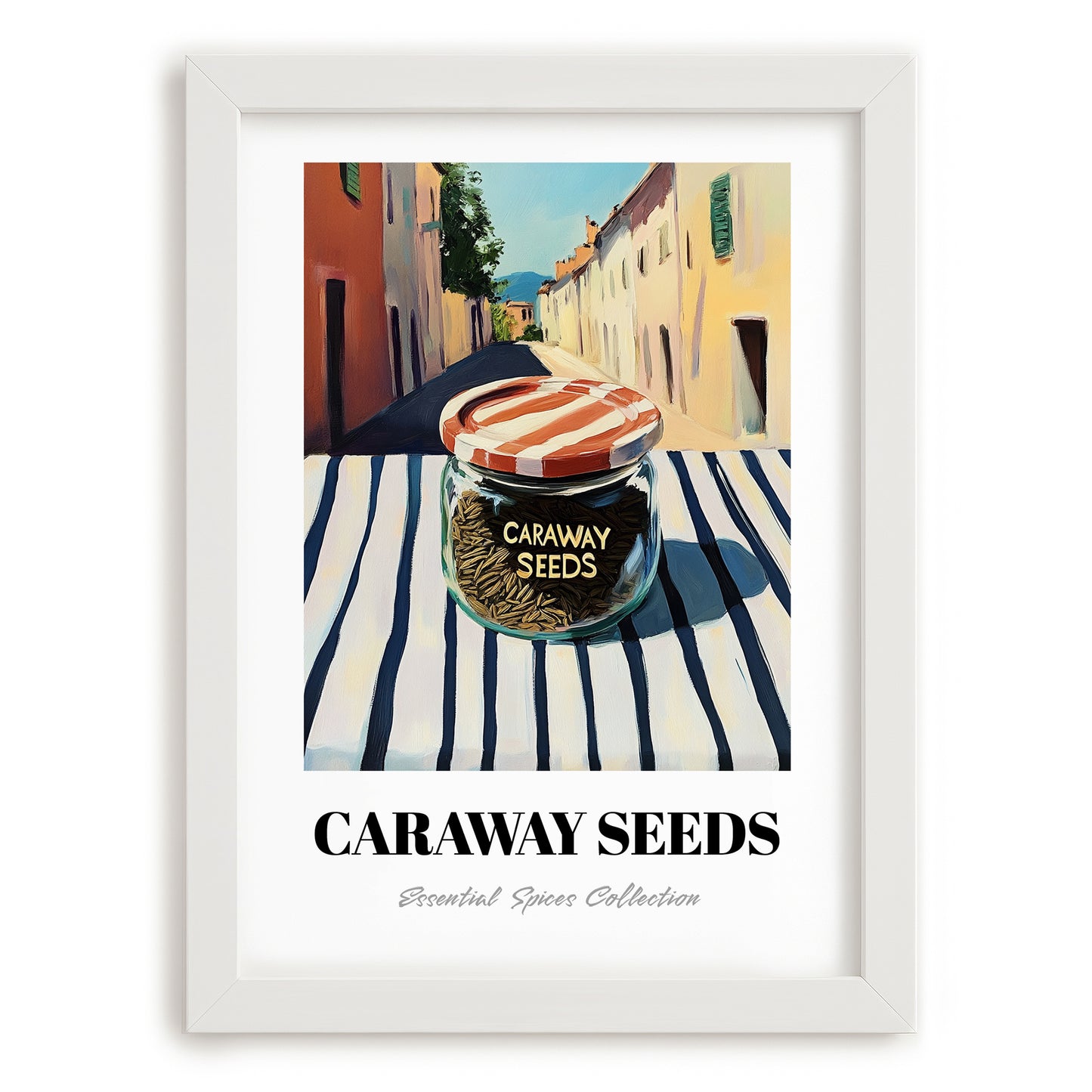 Caraway Seeds – Italian Outdoor Café Scene, Spices Wall Decor, placed in minimal white frame