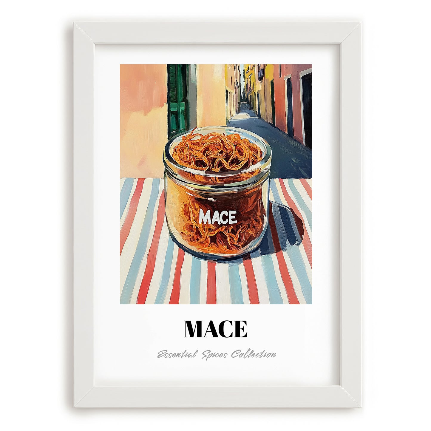 Mace – Italian Outdoor Café Scene, Spices Illustration, placed in minimal white frame