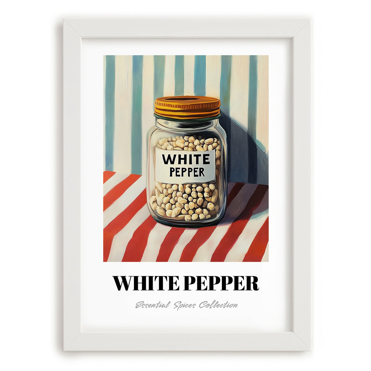 White Pepper – on Striped Tablecloth, Spices Art, placed in minimal white frame
