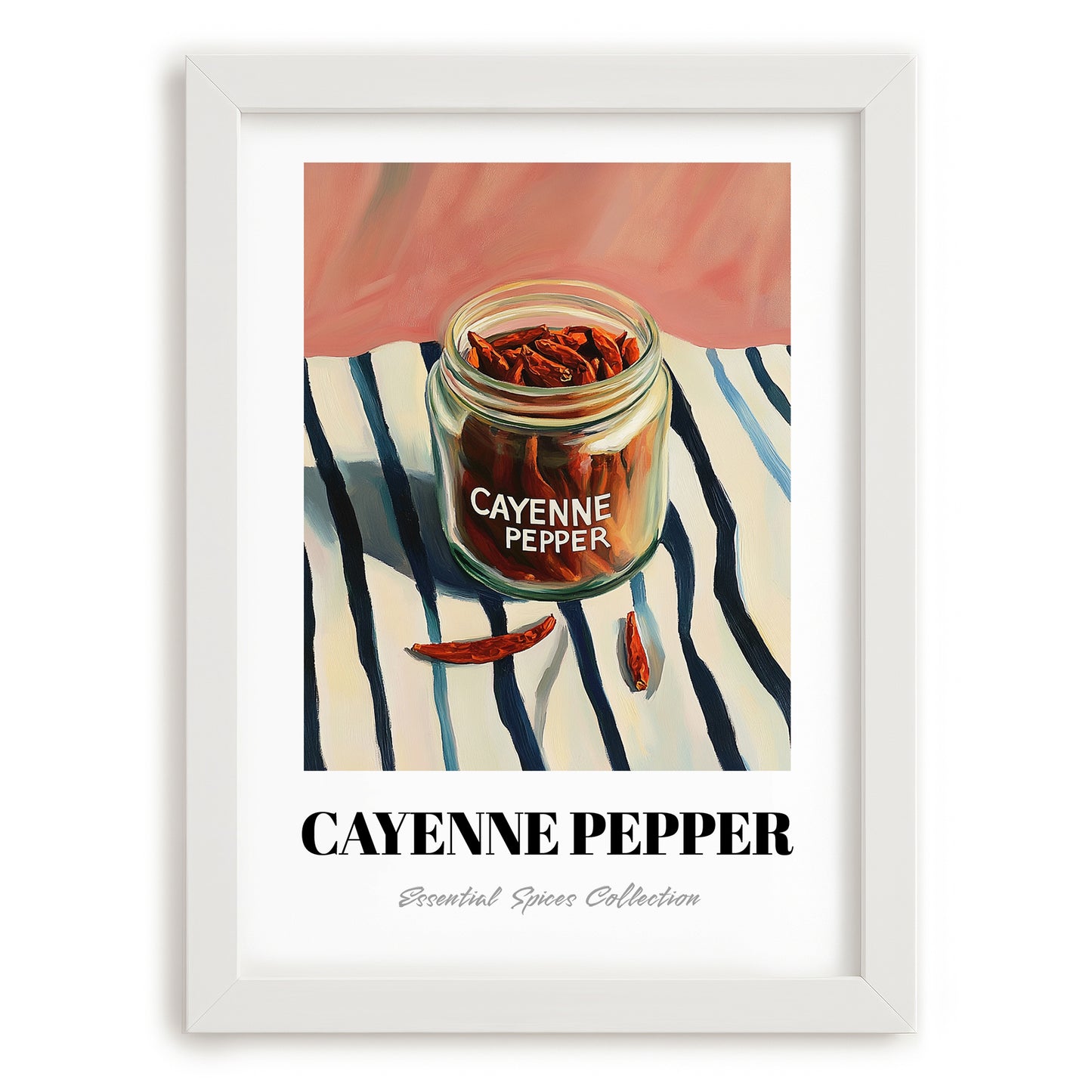 Cayenne Pepper – on Striped Tablecloth, Spices Still Life, placed in minimal white frame