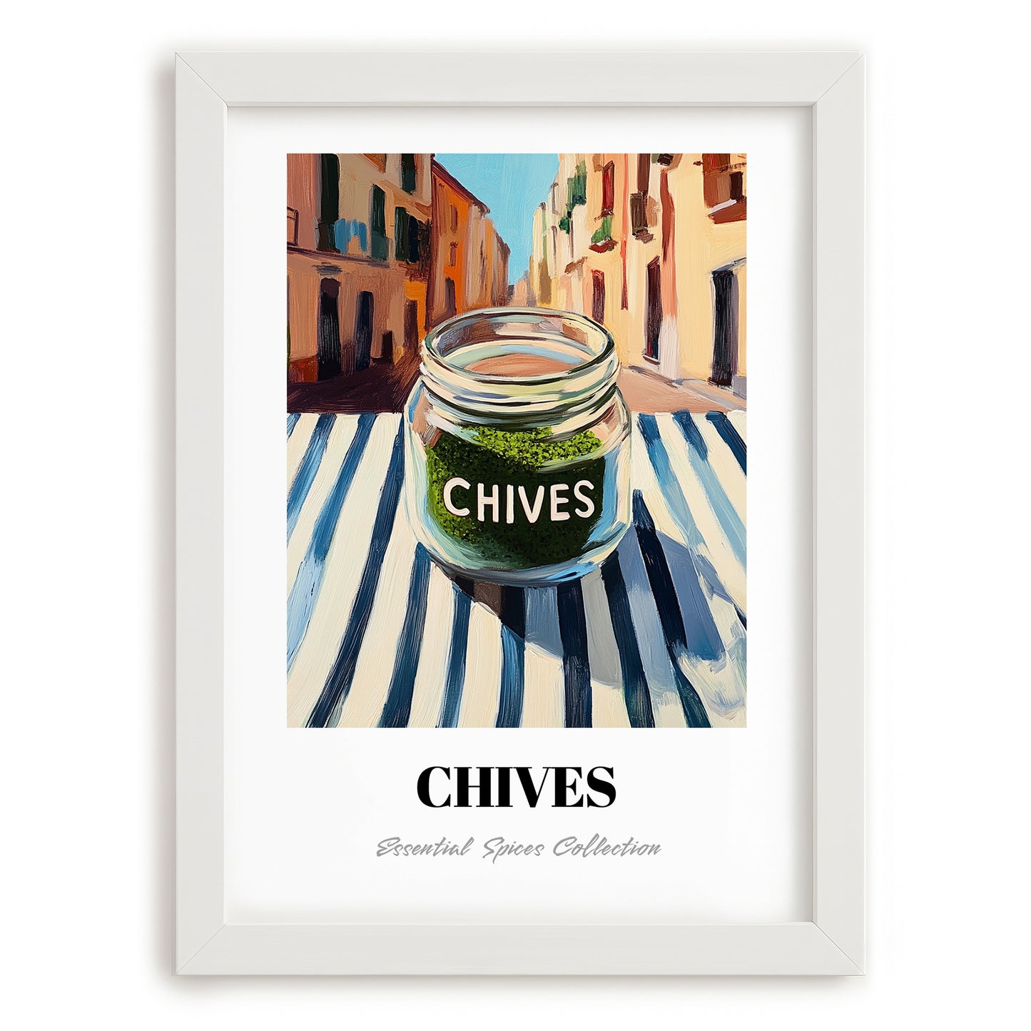 Chives – Italian Urban Café Scene, Spices Still Life, placed in minimal white frame