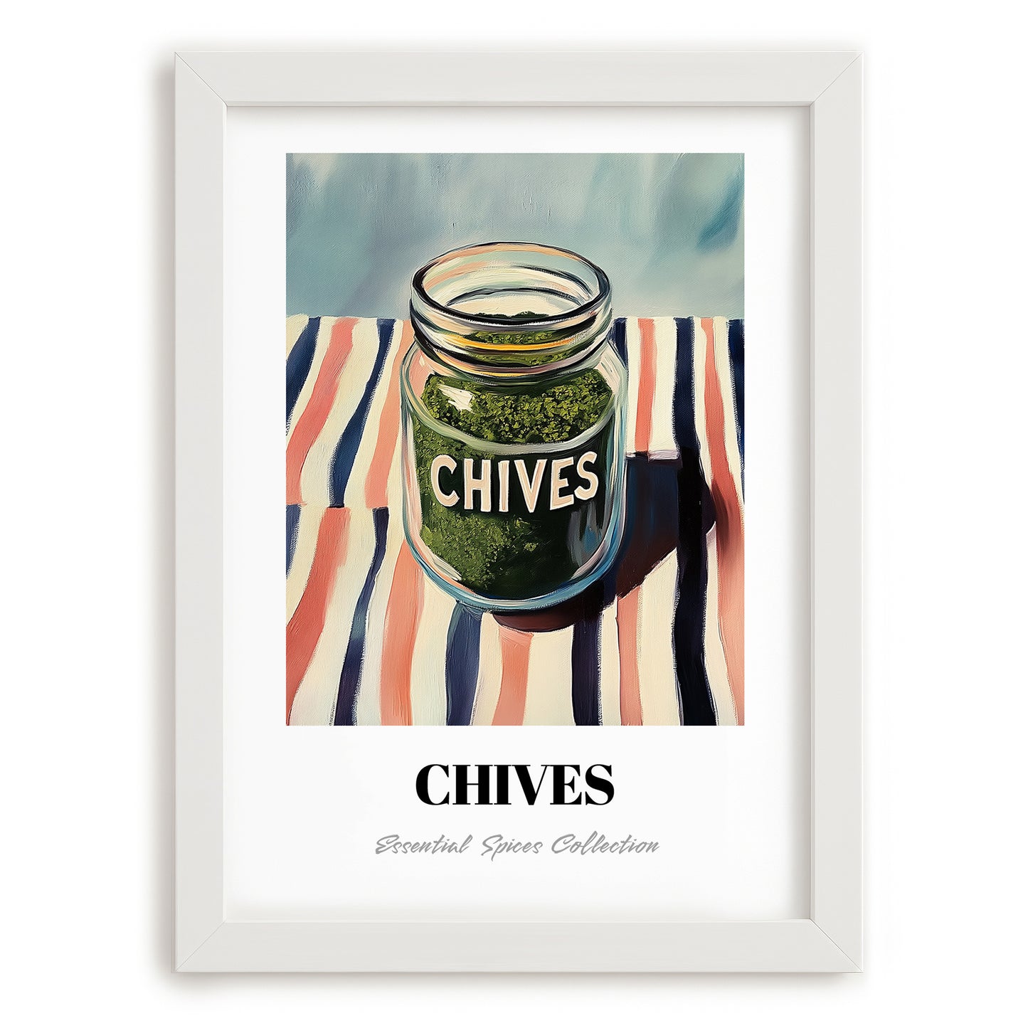 Chives – on Striped Tablecloth, Spices Painting, placed in minimal white frame