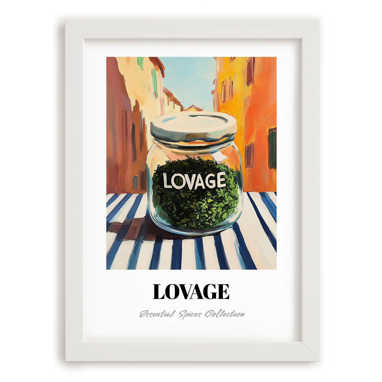 Lovage – Italian Urban Café Scene, Spices Illustration, placed in minimal white frame