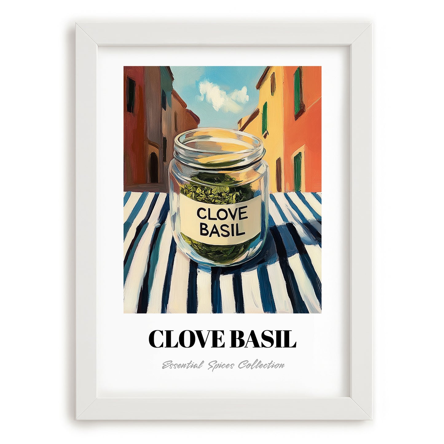 Clove Basil – Italian Urban Café Scene, Spices Illustration, placed in minimal white frame