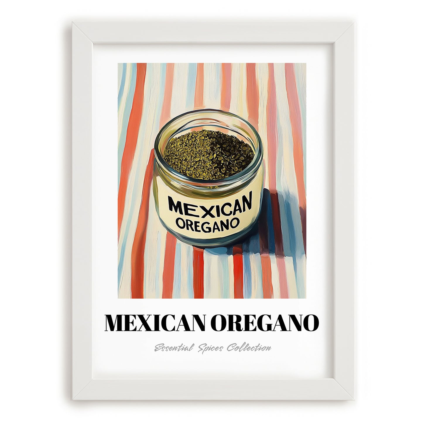 Mexican Oregano – on Striped Tablecloth, Spices Wall Poster, placed in minimal white frame