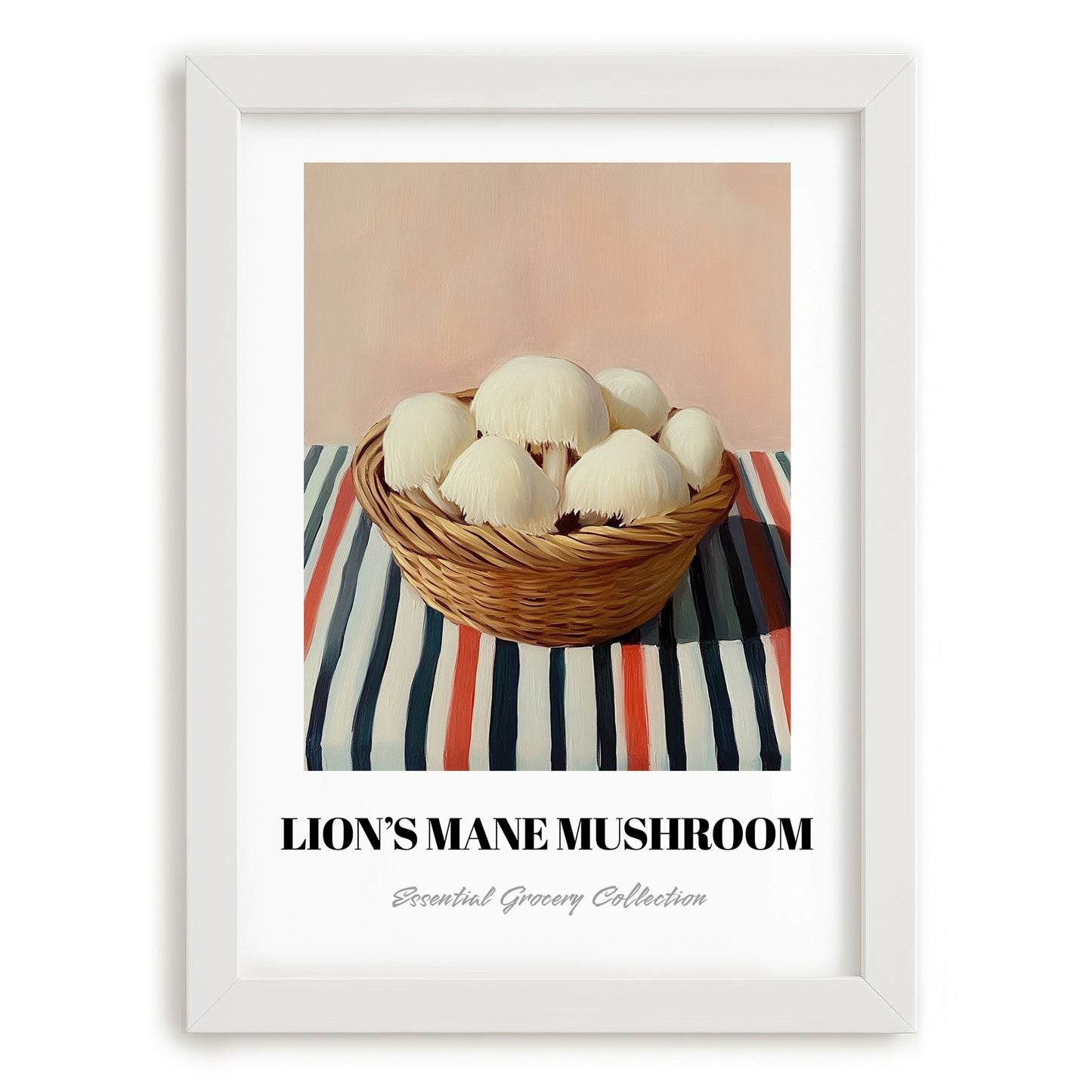 Lion’s Mane Mushroom – on Striped Tablecloth, Mushrooms Wall Decor, placed in minimal white frame