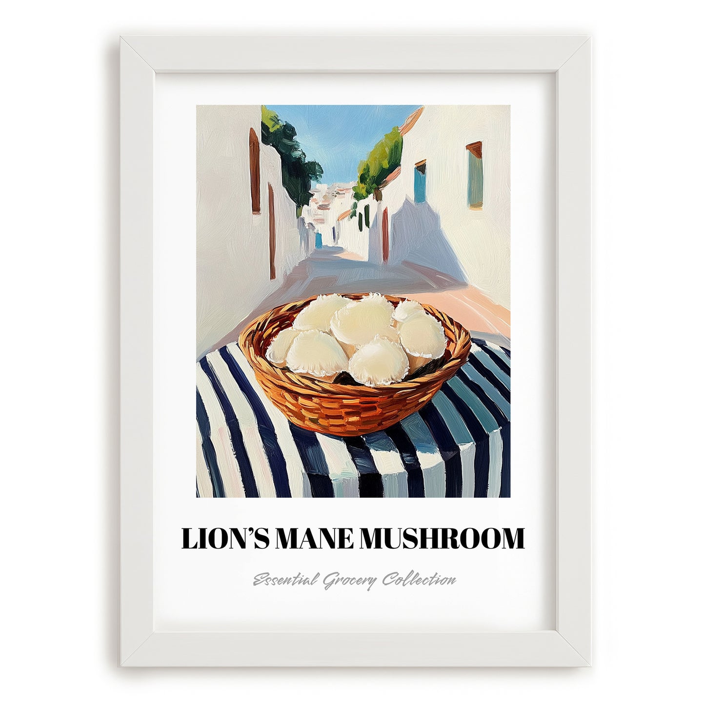 Lion’s Mane Mushroom – White village Café on the Corner, Mushrooms Painting, placed in minimal white frame