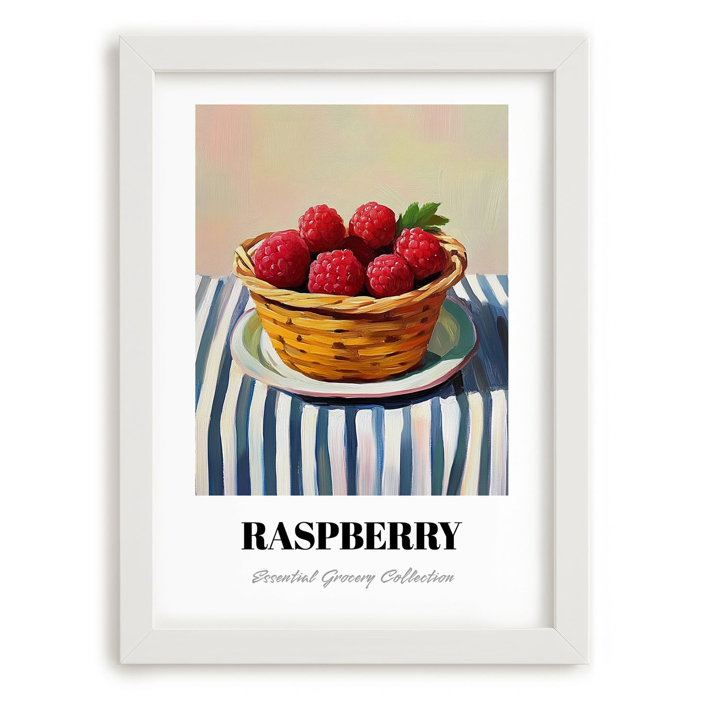 Raspberry – on Striped Tablecloth, Berries Poster, placed in minimal white frame