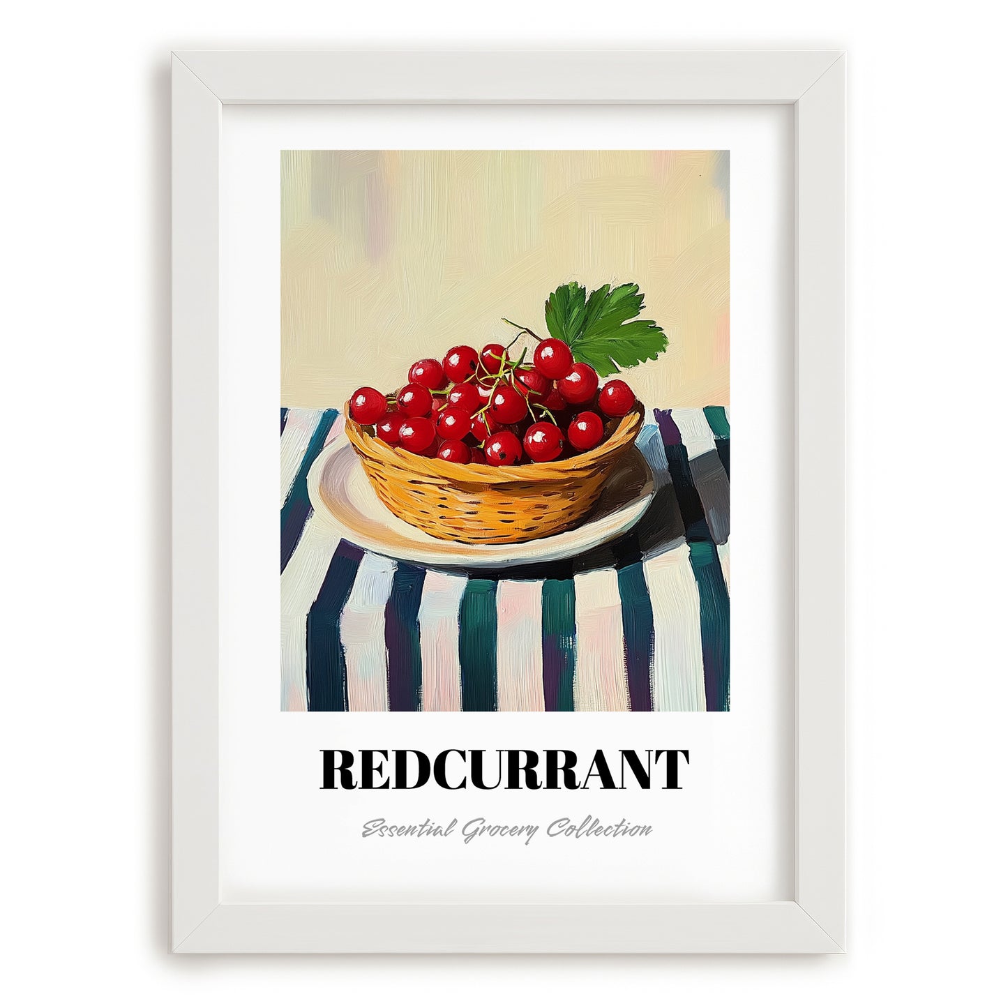 Redcurrant – on Striped Tablecloth, Berries Wall Art, placed in minimal white frame