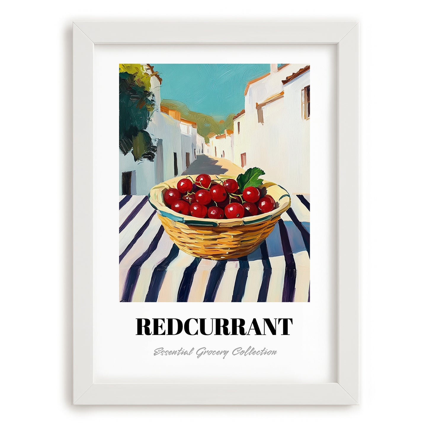 Redcurrant – White village Street Café Scene, Berries Still Life, placed in minimal white frame