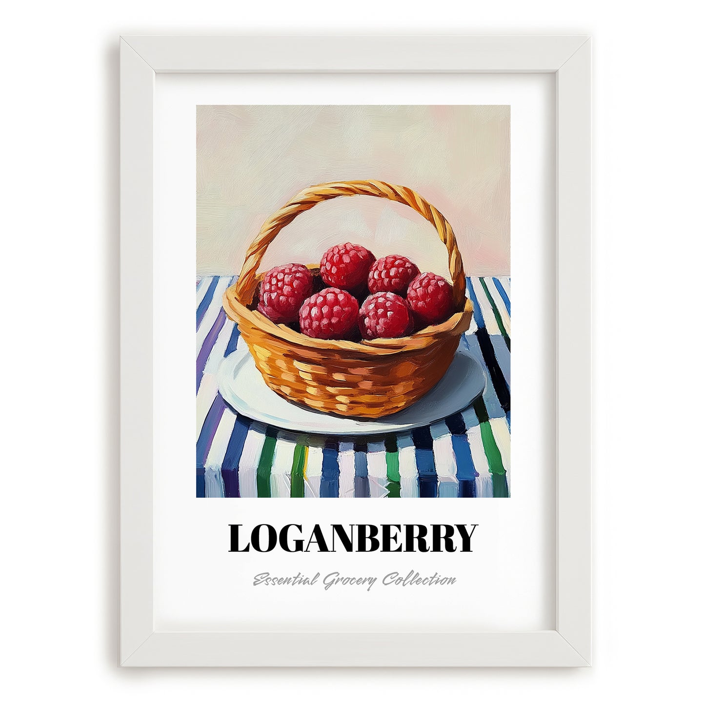 Loganberry – on Striped Tablecloth, Berries Painting, placed in minimal white frame