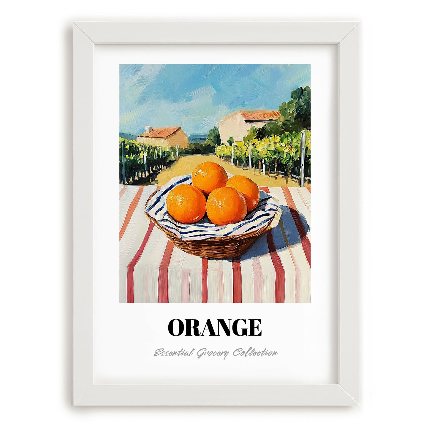 Orange – Valley Café Scene, Fruit Painting, placed in minimal white frame