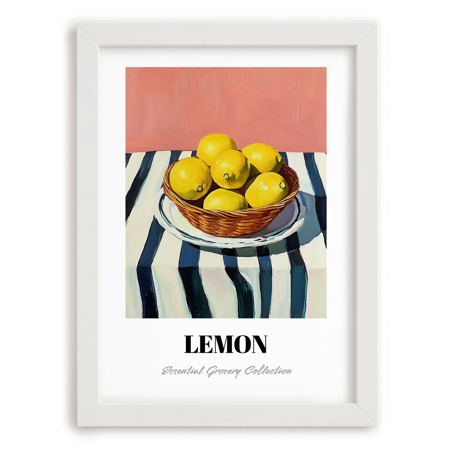 Lemon – on Striped Tablecloth, Fruit Painting, placed in minimal white frame