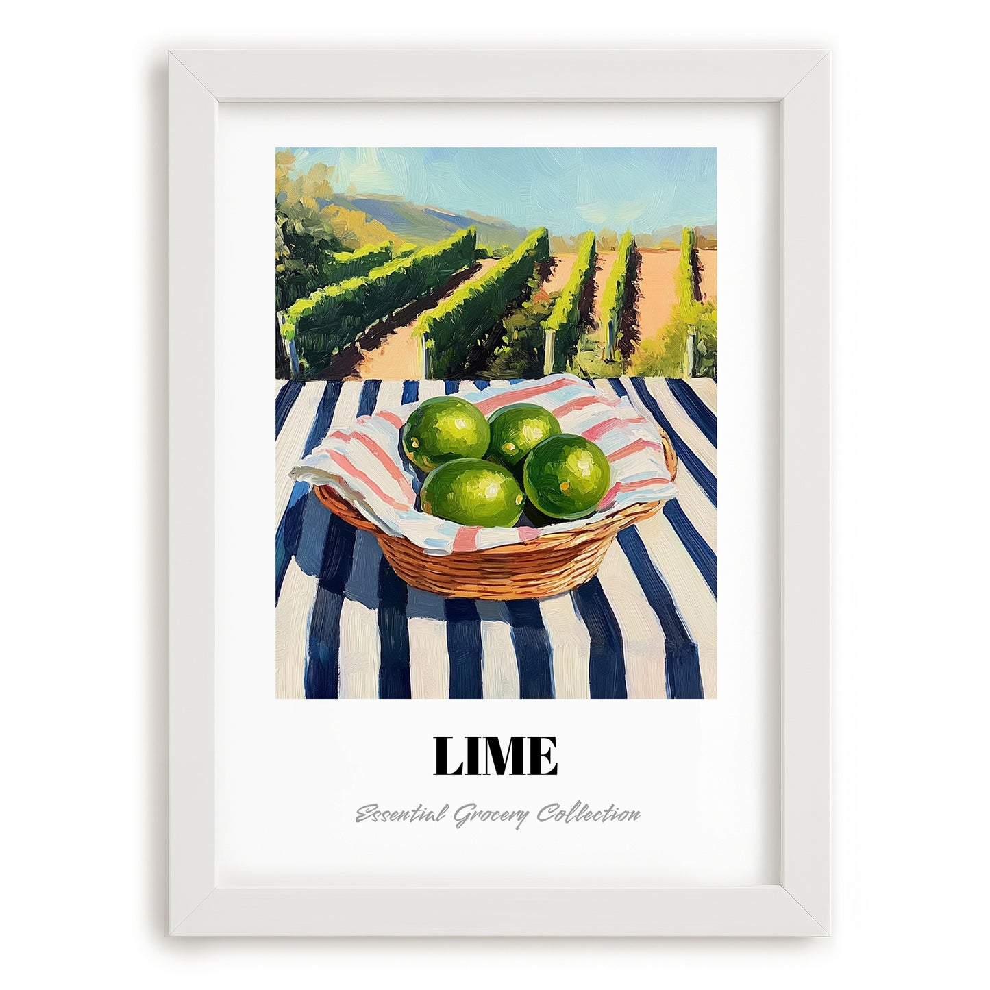 Lime – Green Valley Landscape, Fruit Poster, placed in minimal white frame