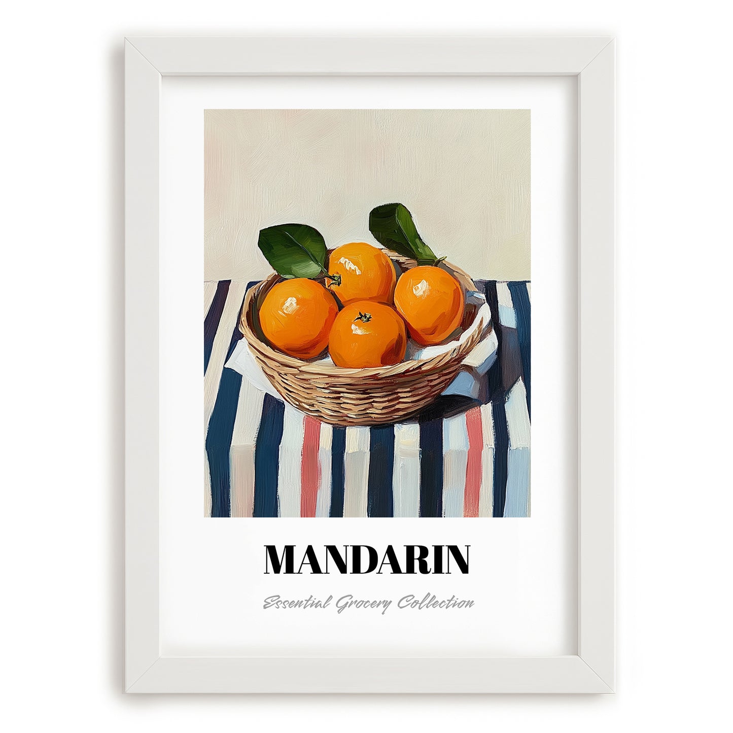 Mandarin – on Striped Tablecloth, Fruit Still Life, placed in minimal white frame
