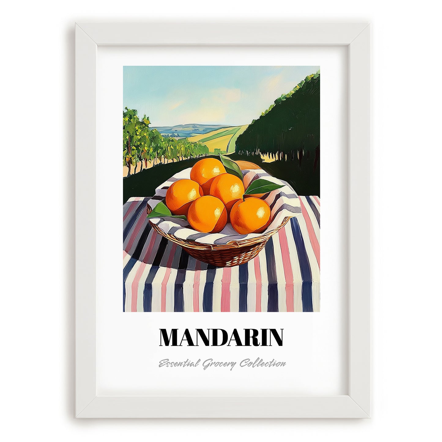 Mandarin – Green Valley Landscape, Fruit Print, placed in minimal white frame