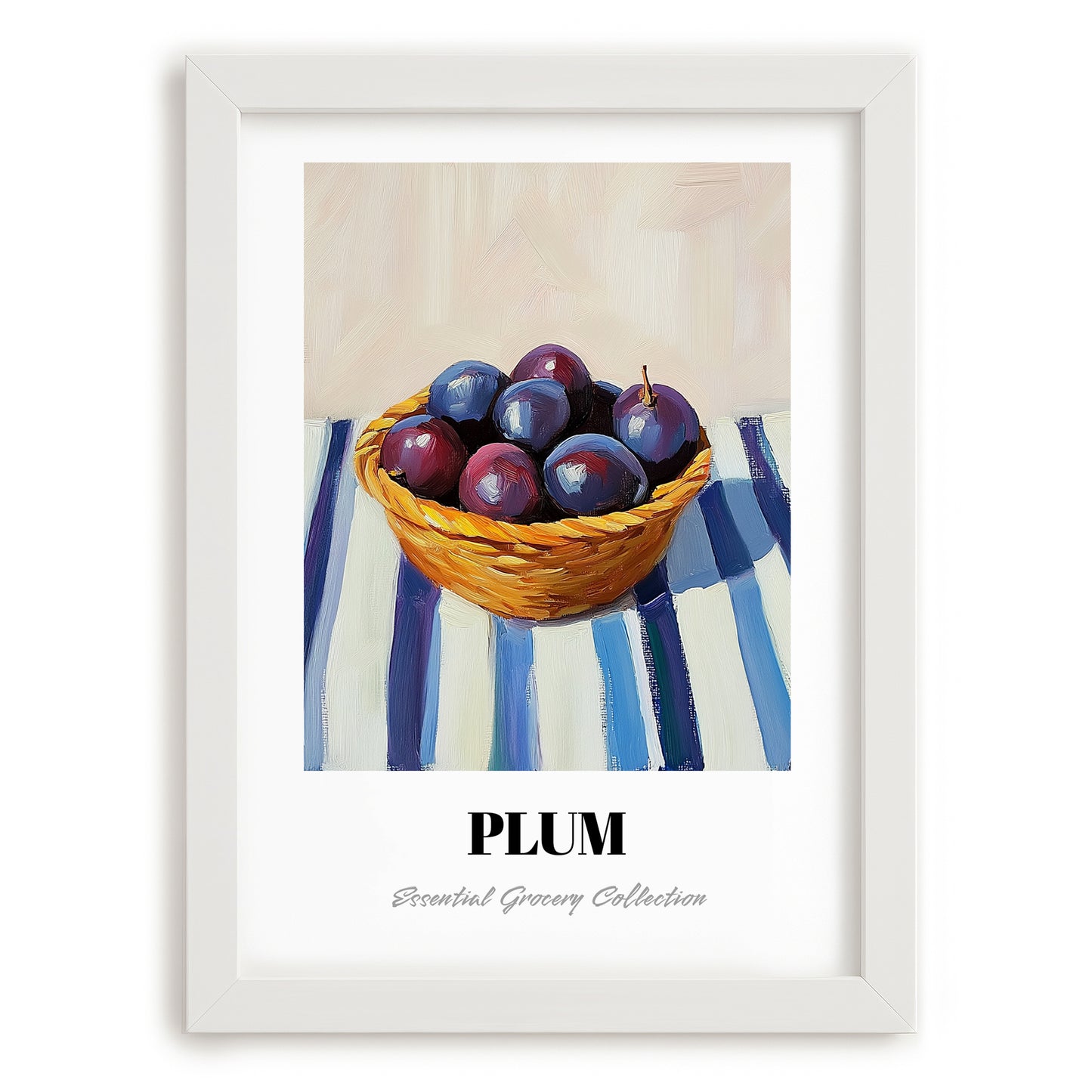 Plum – on Striped Tablecloth, Fruit Print, placed in minimal white frame