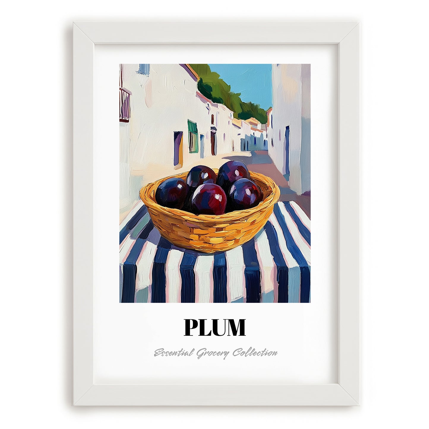 Plum – White village Urban Café Scene, Fruit Wall Illustration, placed in minimal white frame
