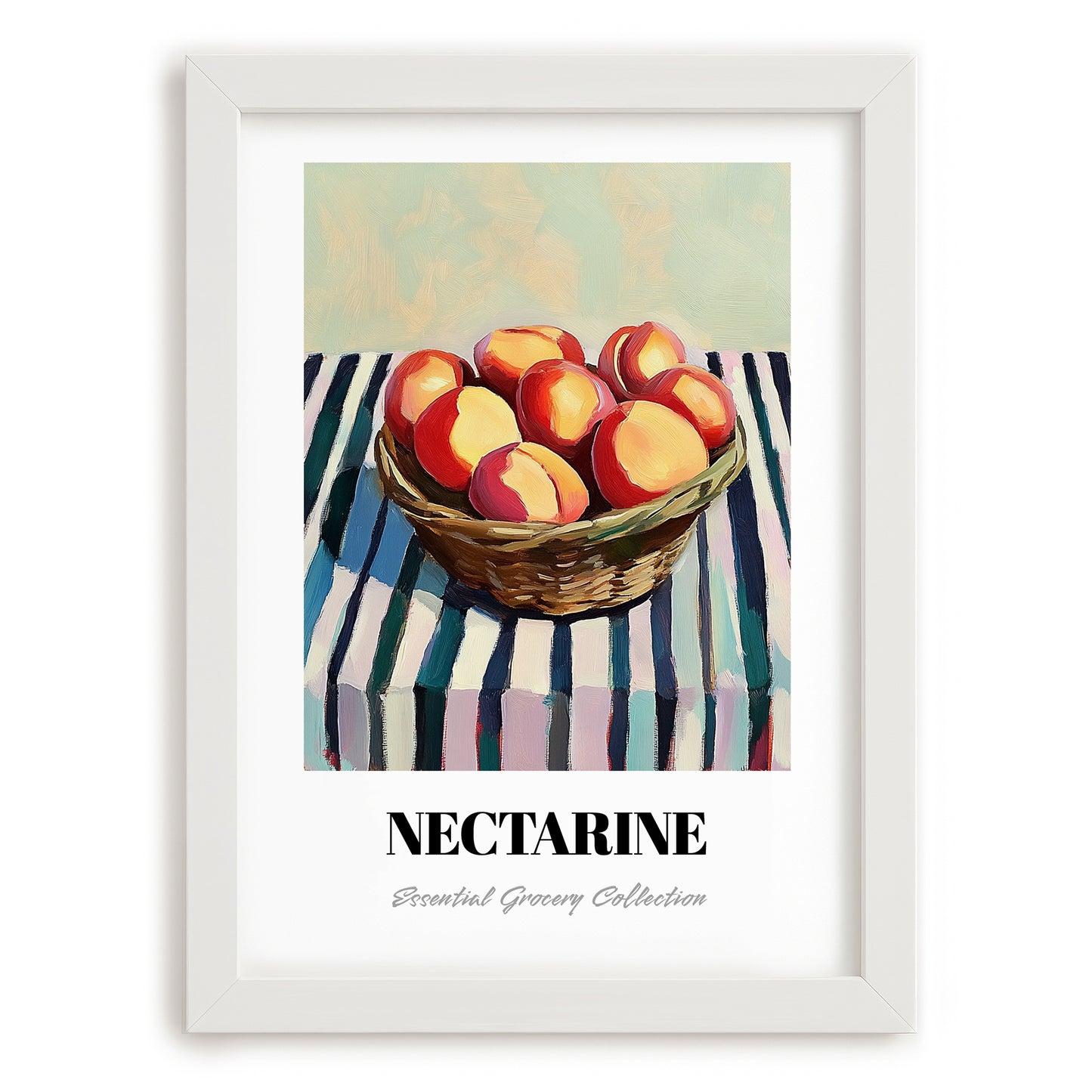 Nectarine – on Striped Tablecloth, Fruit Illustration, placed in minimal white frame
