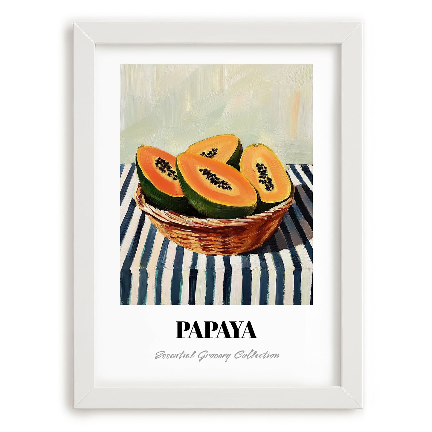 Papaya – on Striped Tablecloth, Fruit Still Life, placed in minimal white frame