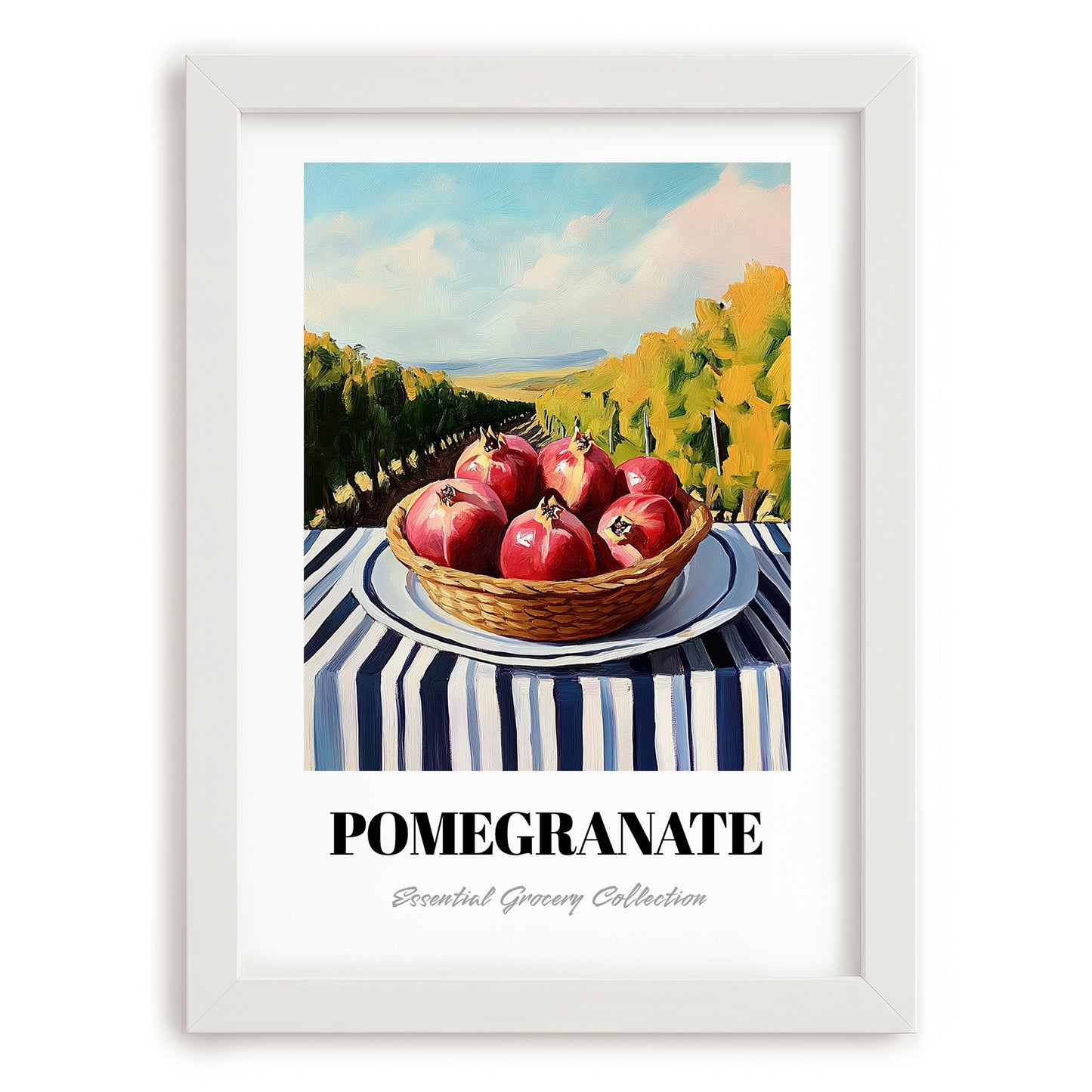 Pomegranate – Green Valley Landscape, Fruit Wall Decor, placed in minimal white frame