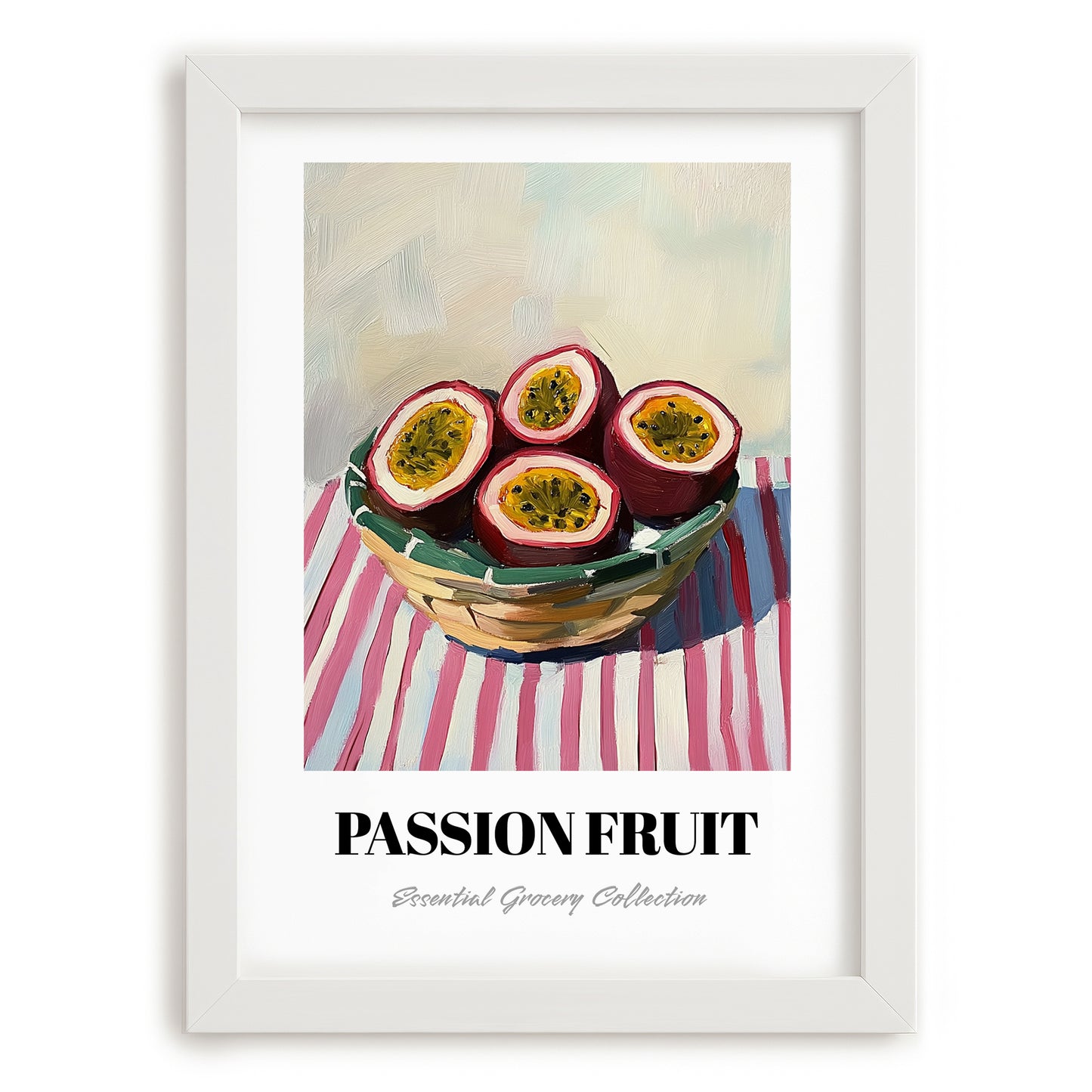 Passion Fruit – on Striped Tablecloth, Fruit Wall Decor, placed in minimal white frame