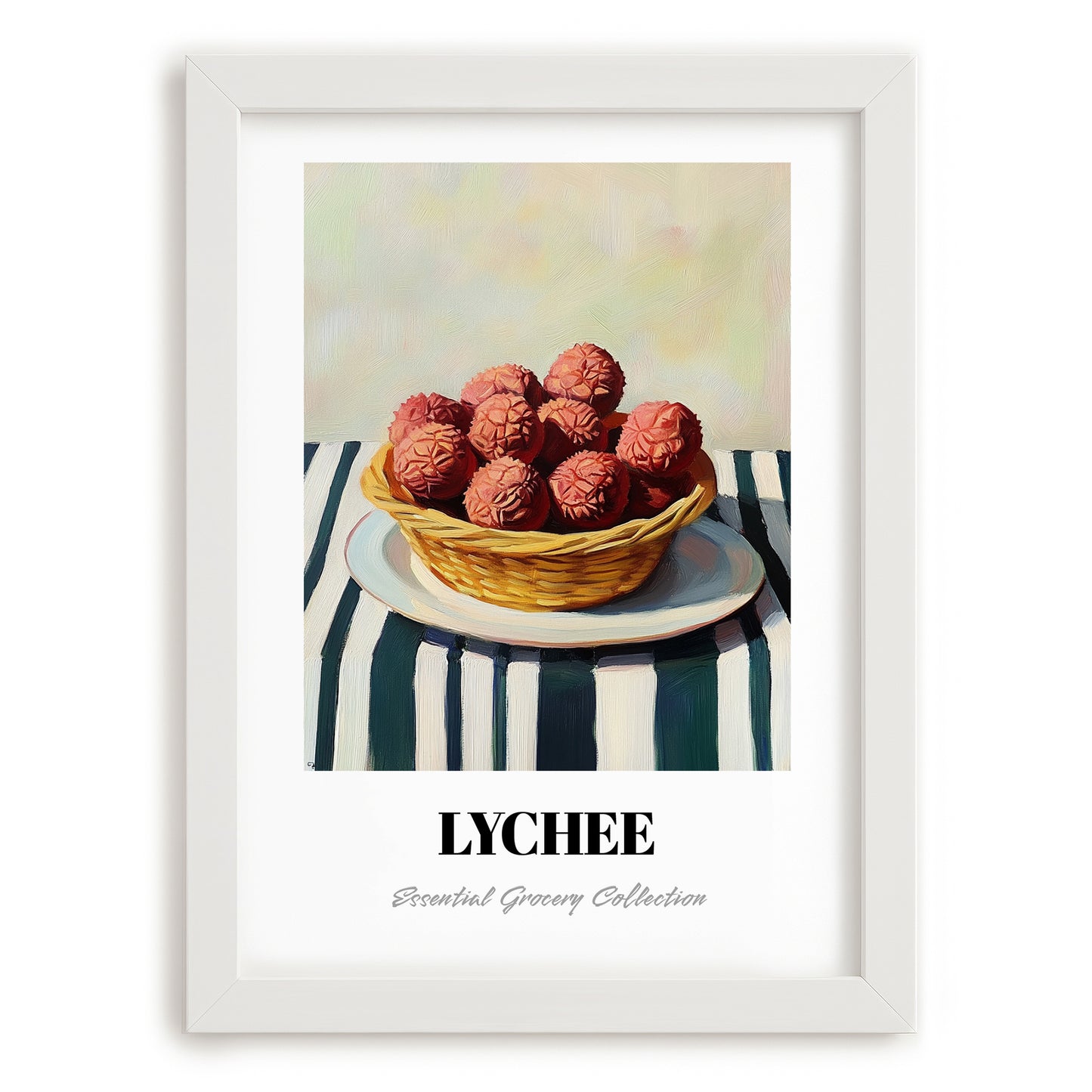 Lychee – on Striped Tablecloth, Fruit Still Life, placed in minimal white frame