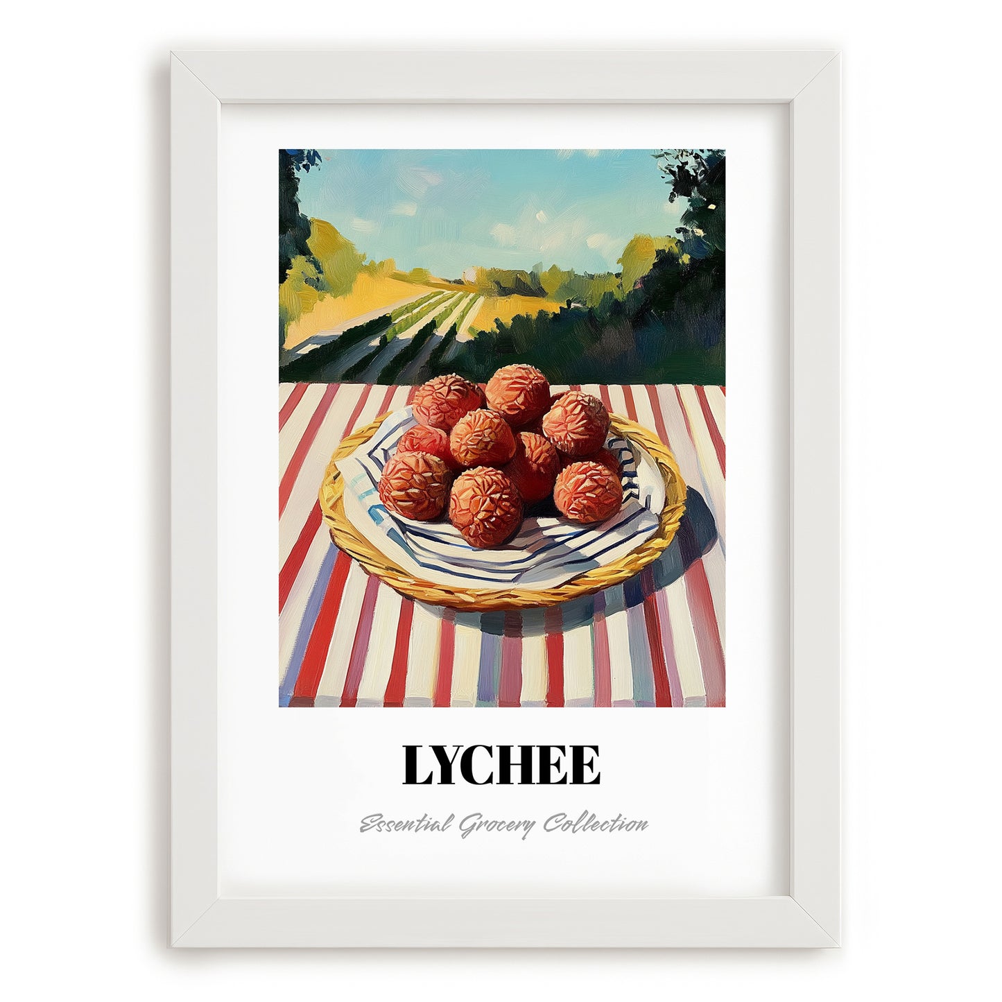 Lychee – Green Valley Landscape, Fruit Still Life, placed in minimal white frame