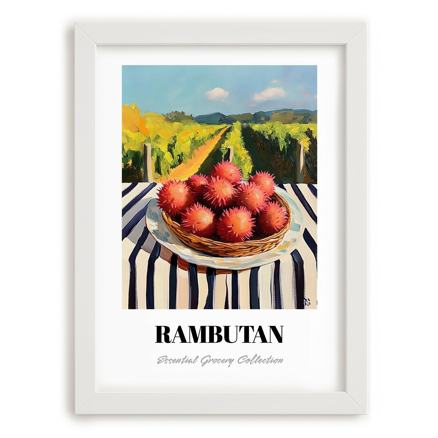 Rambutan – Valley Café Scene, Vegetable Wall Decor, placed in minimal white frame
