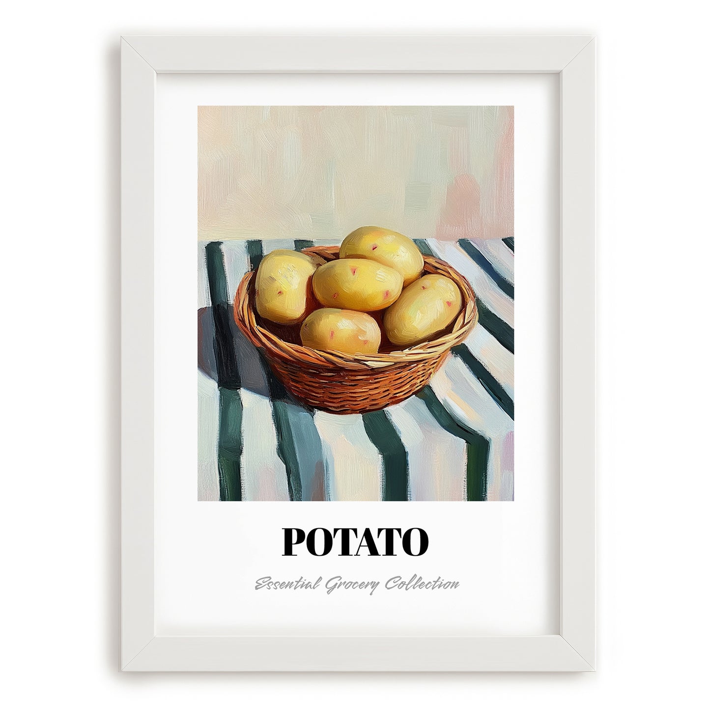 Potato – on Striped Tablecloth, Vegetable Painting, placed in minimal white frame