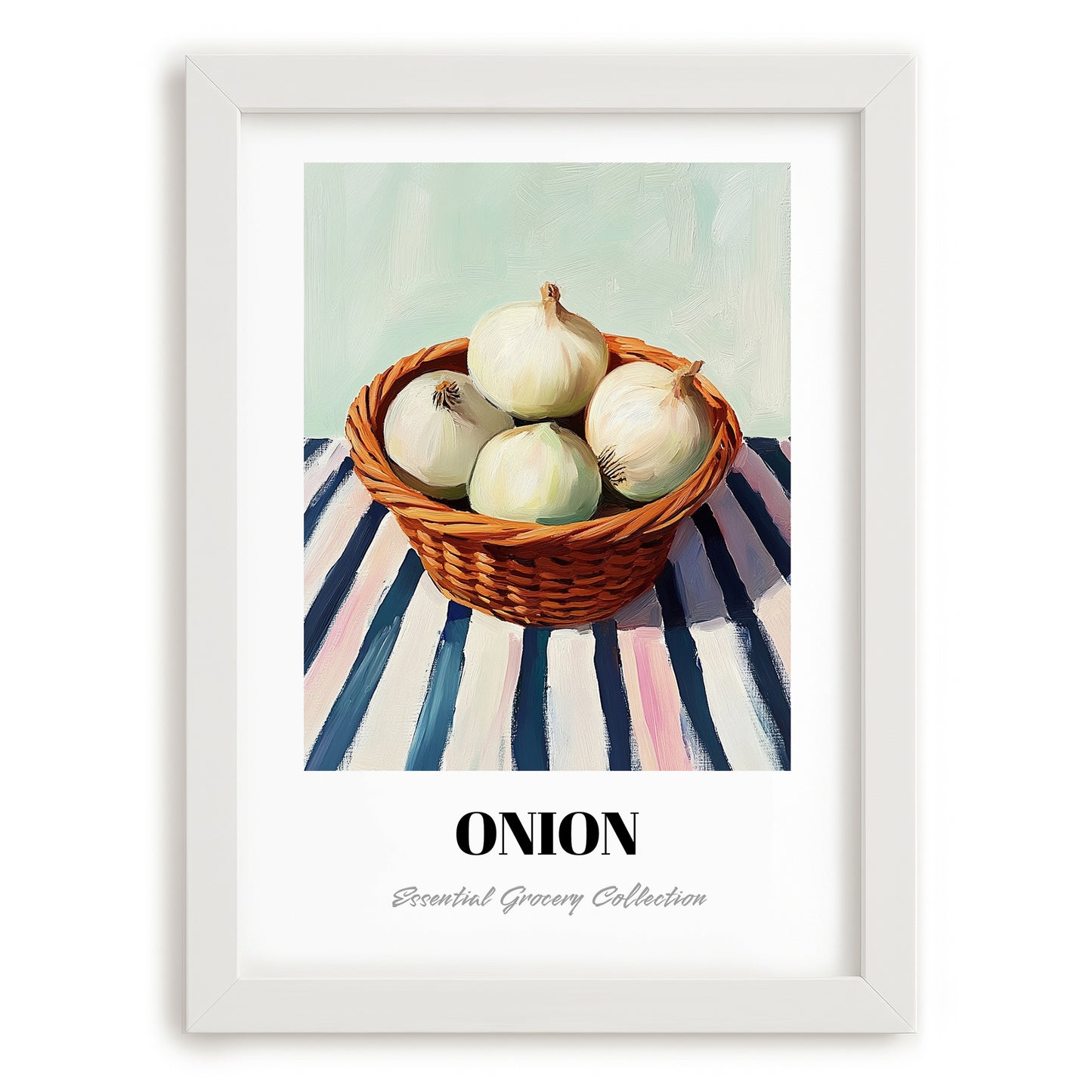 Onion – on Striped Tablecloth, Vegetable Print, placed in minimal white frame