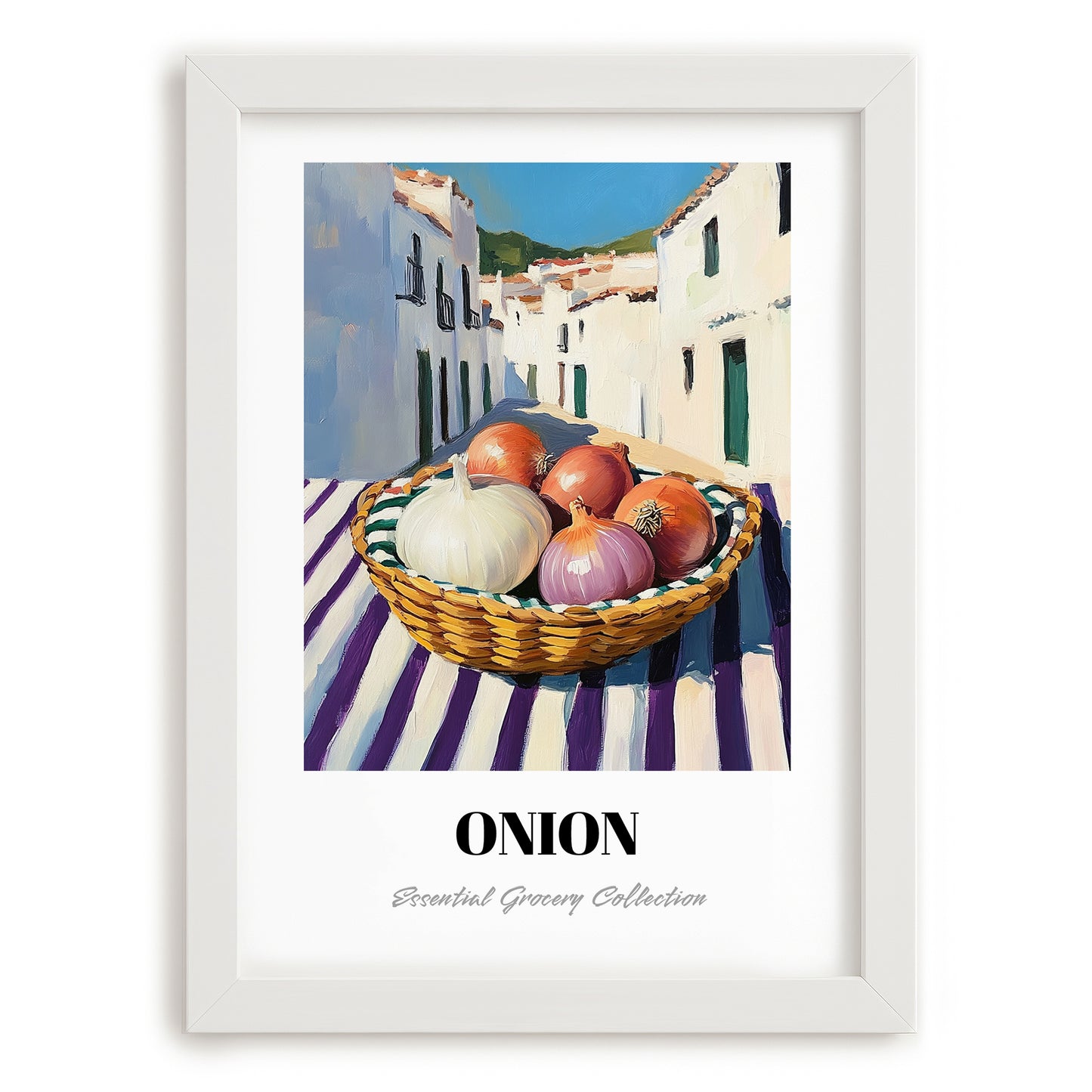 Onion – White village Street Café Scene, Vegetable Wall Illustration, placed in minimal white frame