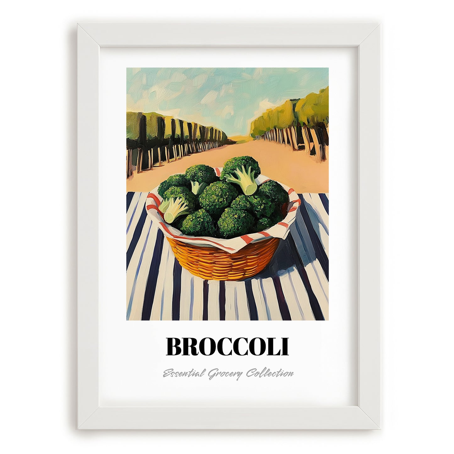 Broccoli – Valley Café Scene, Vegetable Wall Decor, placed in minimal white frame