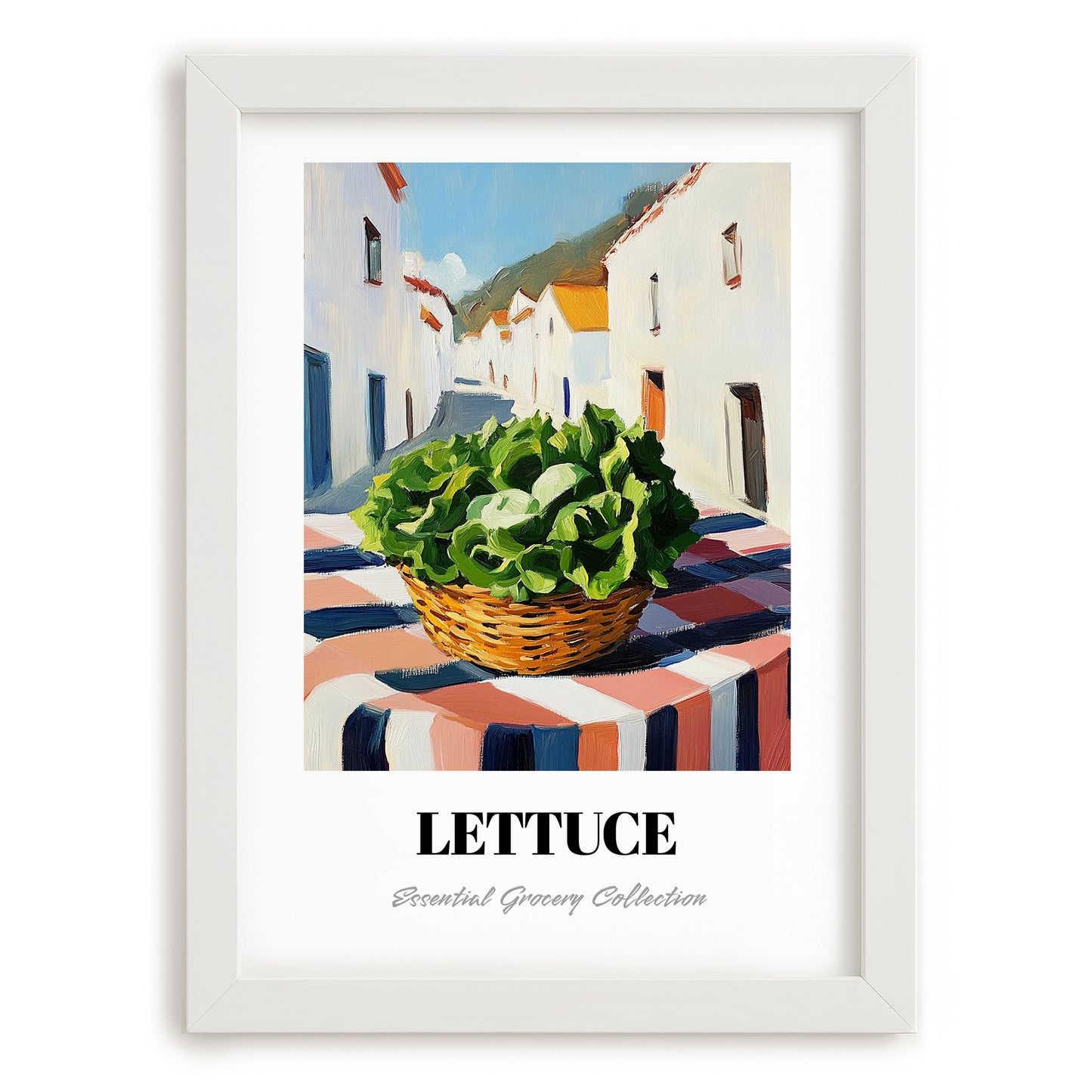 Lettuce – White village Urban Café Scene, Vegetable Still Life, placed in minimal white frame