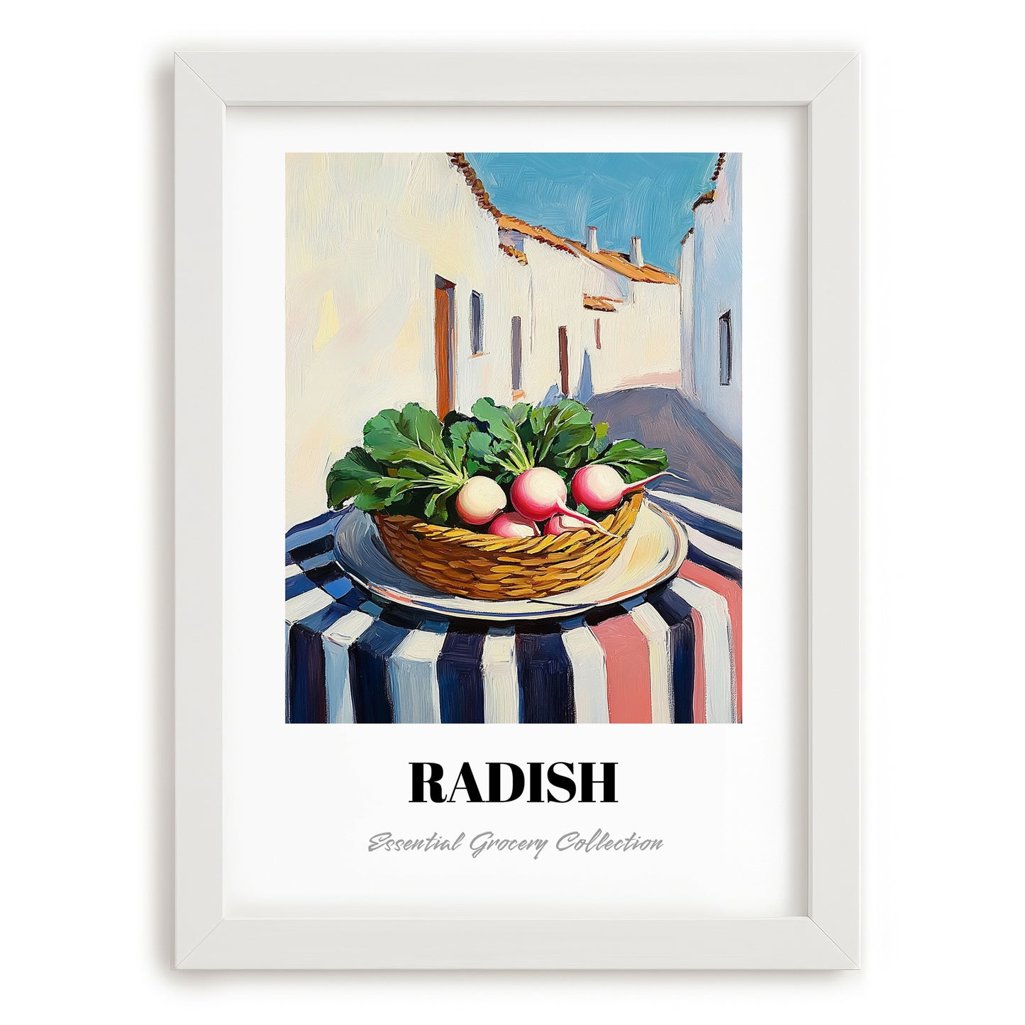 Radish – White village Café on the Corner, Vegetable Poster, placed in minimal white frame
