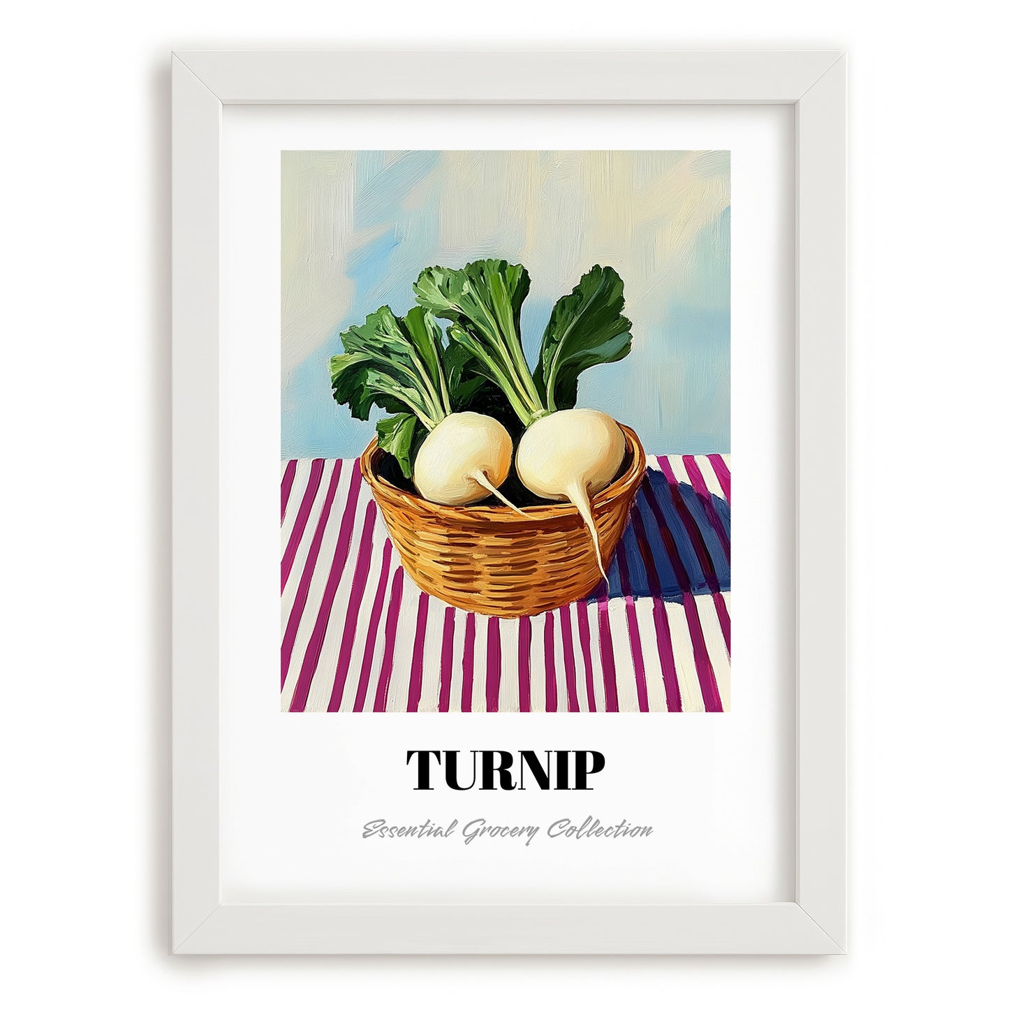 Turnip – on Striped Tablecloth, Vegetable Still Life, placed in minimal white frame