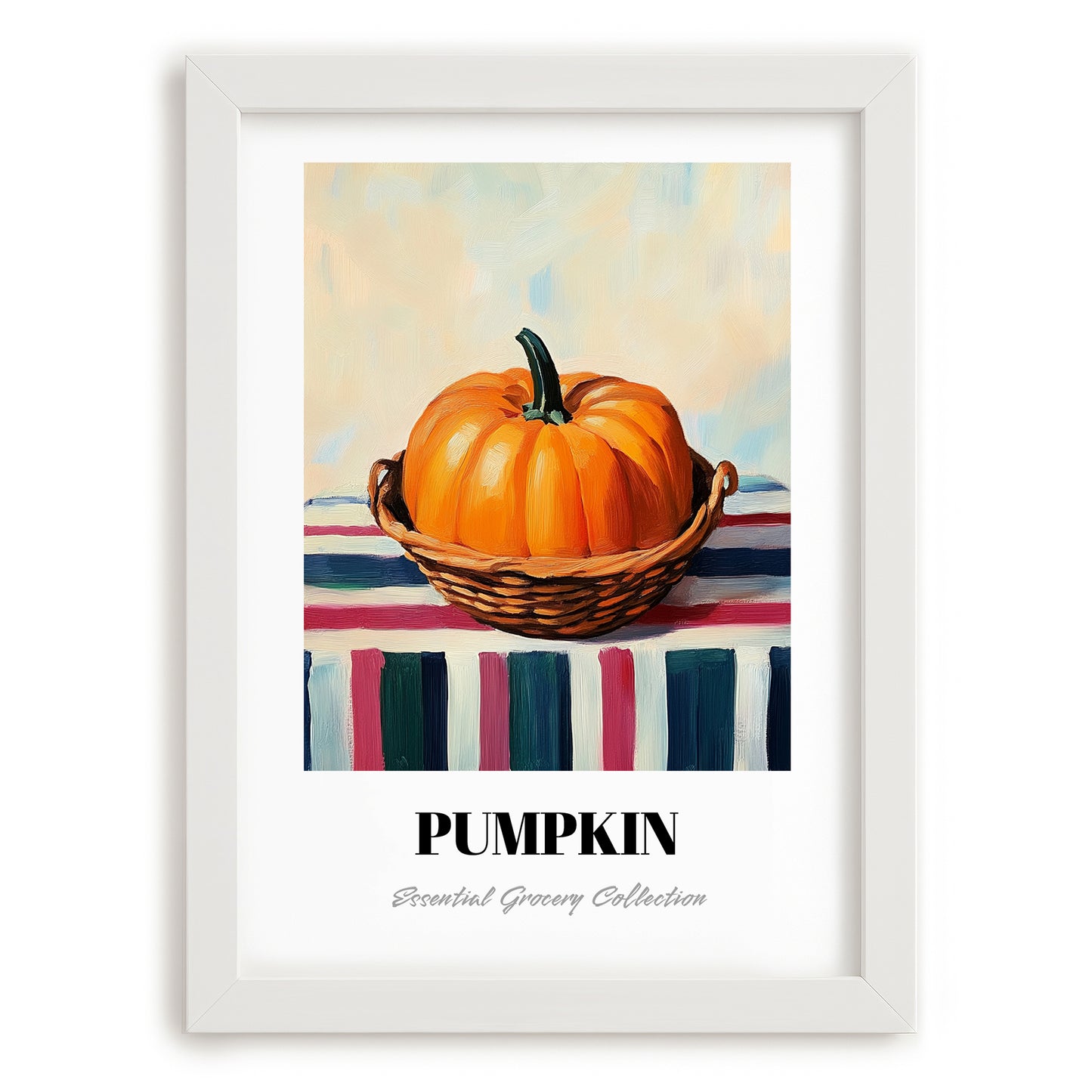 Pumpkin – on Striped Tablecloth, Vegetable Print, placed in minimal white frame