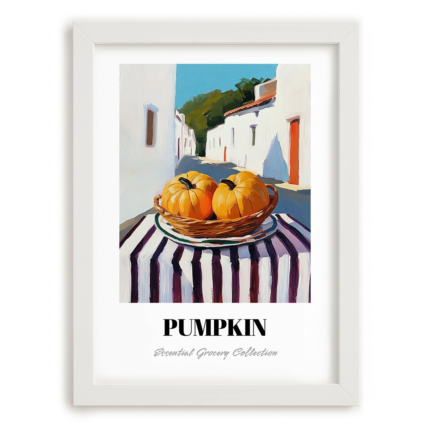 Pumpkin – White village Café on the Corner, Vegetable Still Life, placed in minimal white frame
