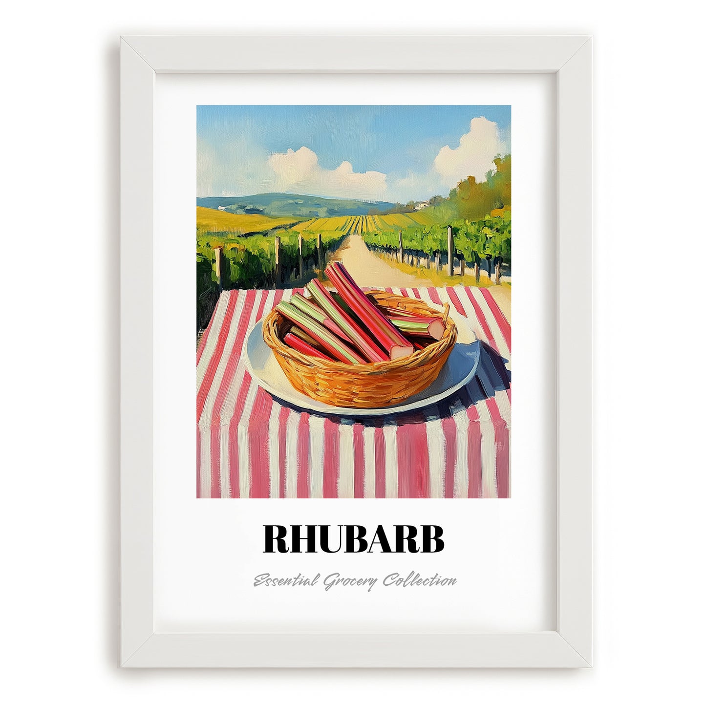 Rhubarb – Valley Café Scene, Vegetable Print, placed in minimal white frame