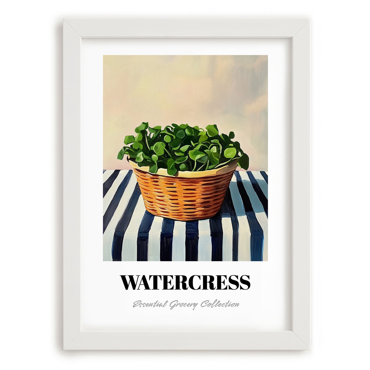Watercress – on Striped Tablecloth, Vegetable Wall Art, placed in minimal white frame