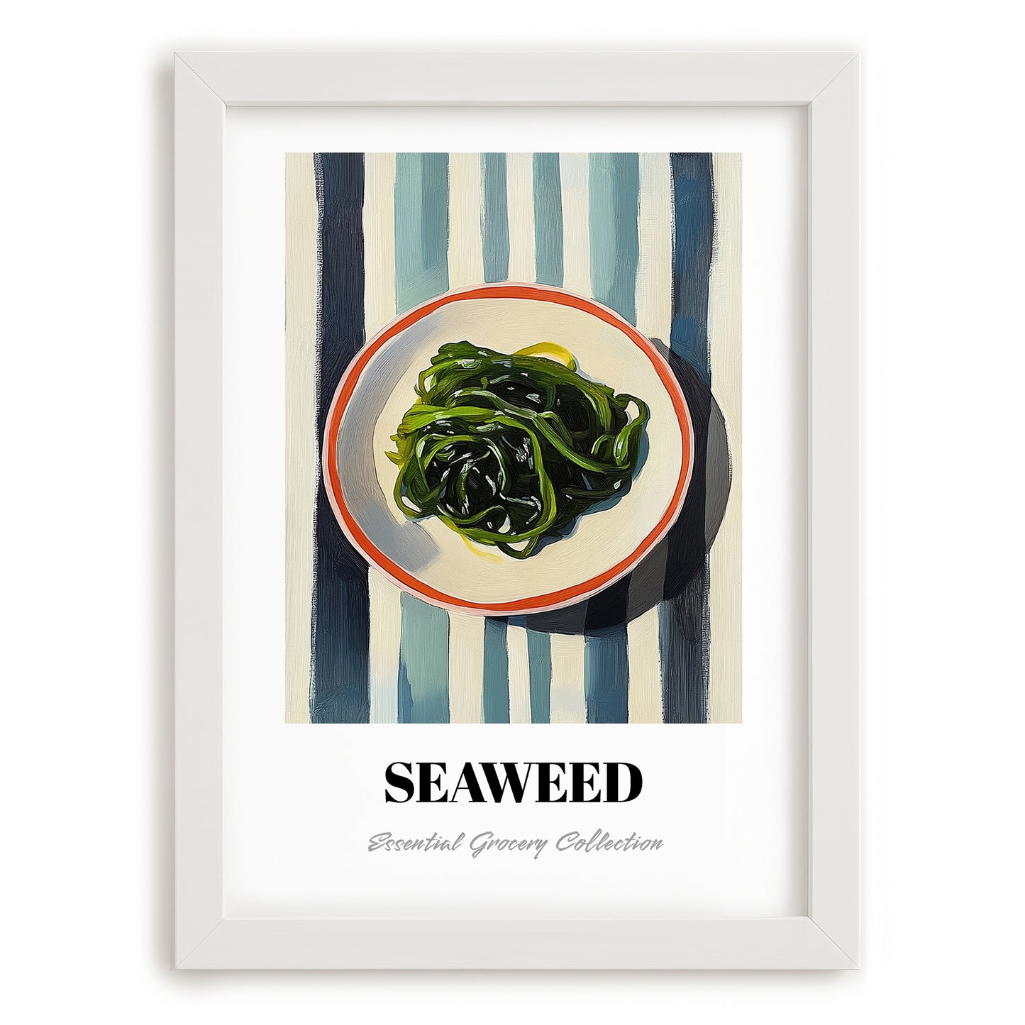 Seaweed – on Striped Tablecloth, Fresh Herbs Still Life, placed in minimal white frame