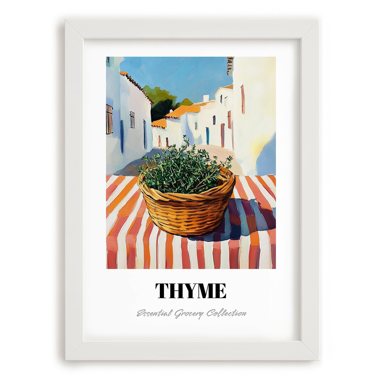 Thyme – White village Street Café Scene, Fresh Herbs Wall Decor, placed in minimal white frame