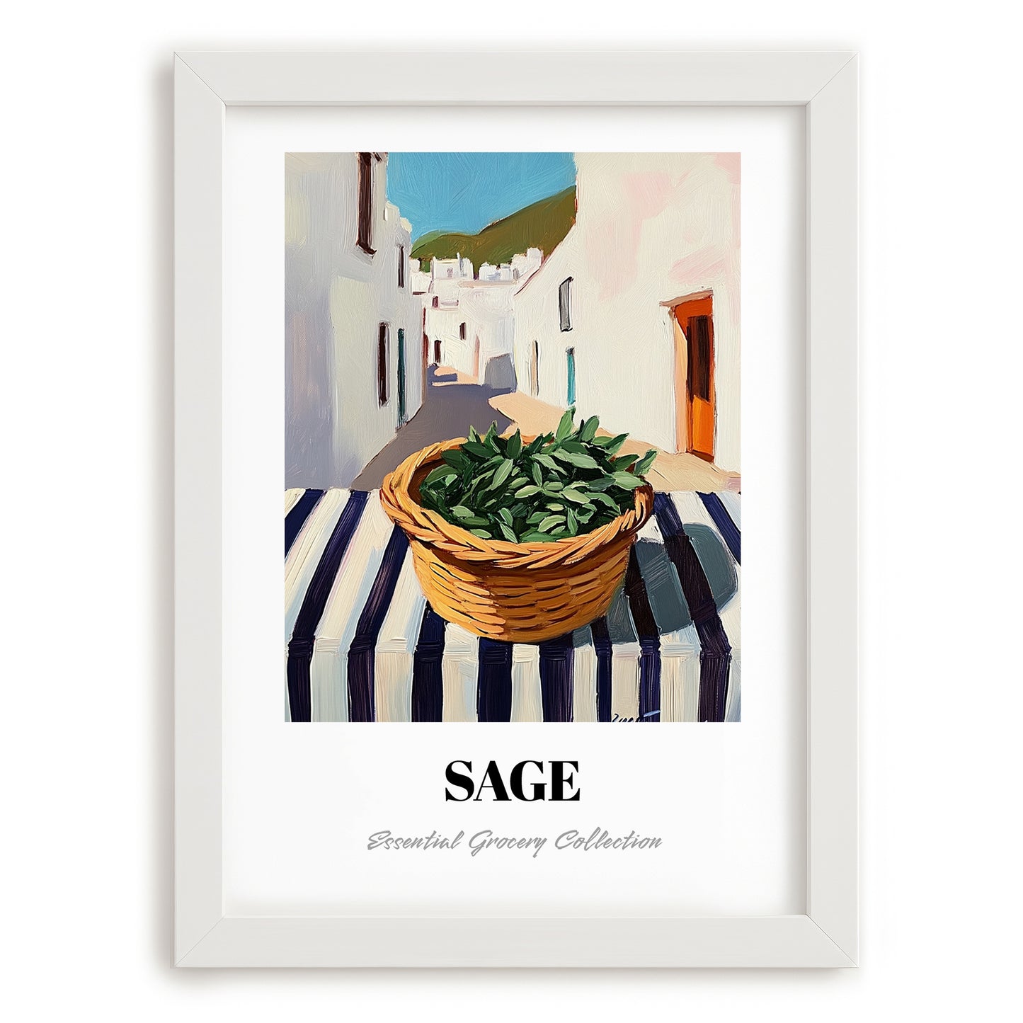 Sage – White village Street Café Scene, Fresh Herbs Illustration, placed in minimal white frame