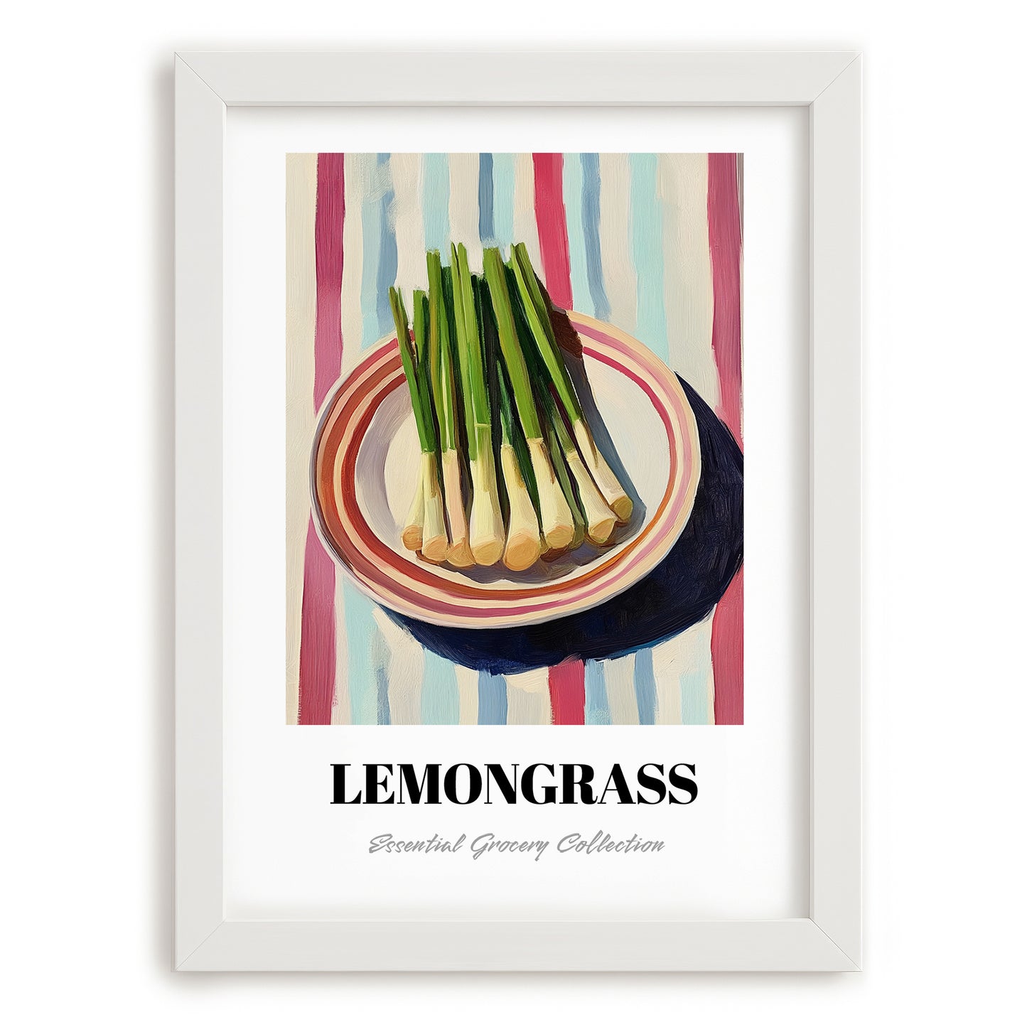 Lemongrass – on Striped Tablecloth, Fresh Herbs Wall Painting, placed in minimal white frame