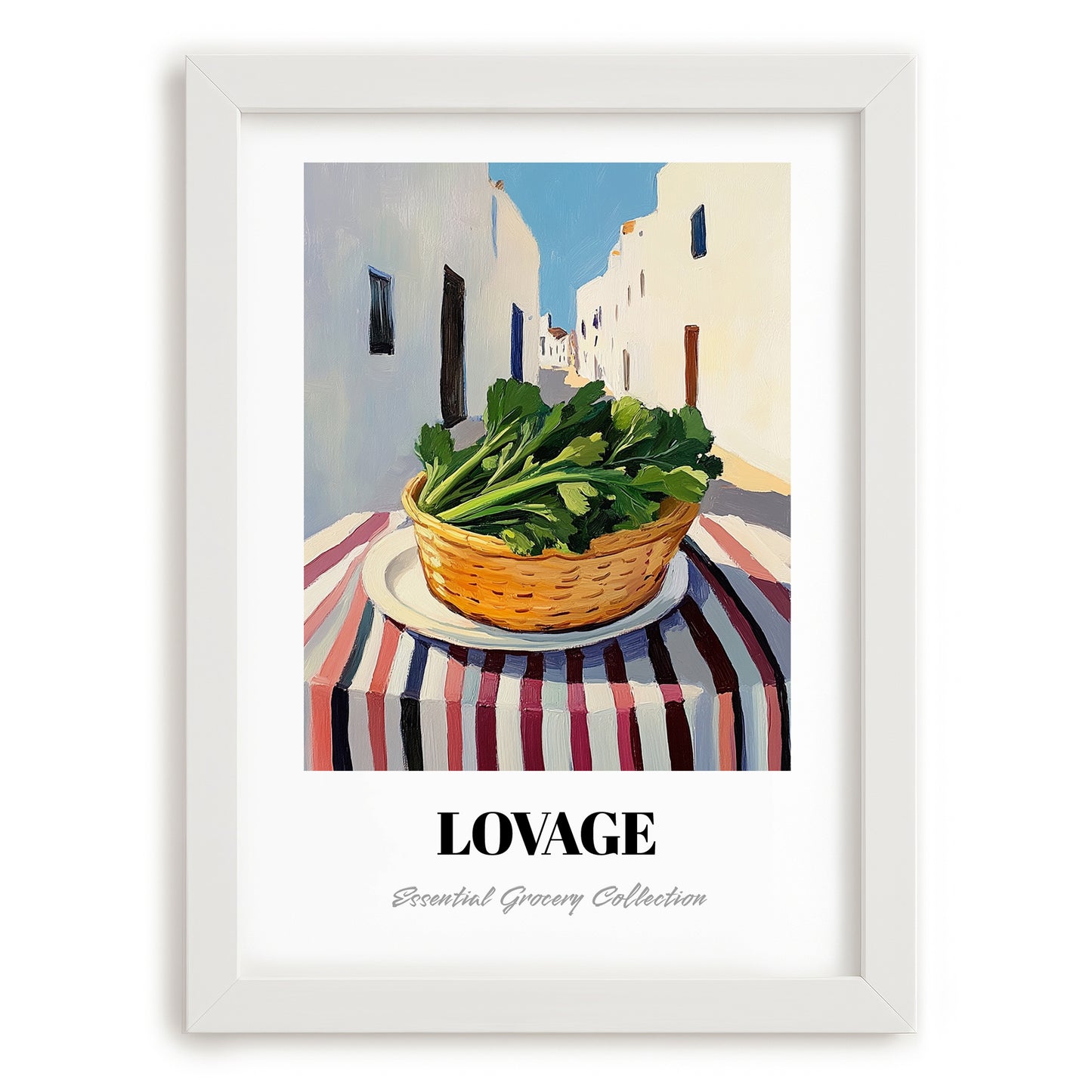 Lovage – White village Street Café Scene, Fresh Herbs Painting, placed in minimal white frame