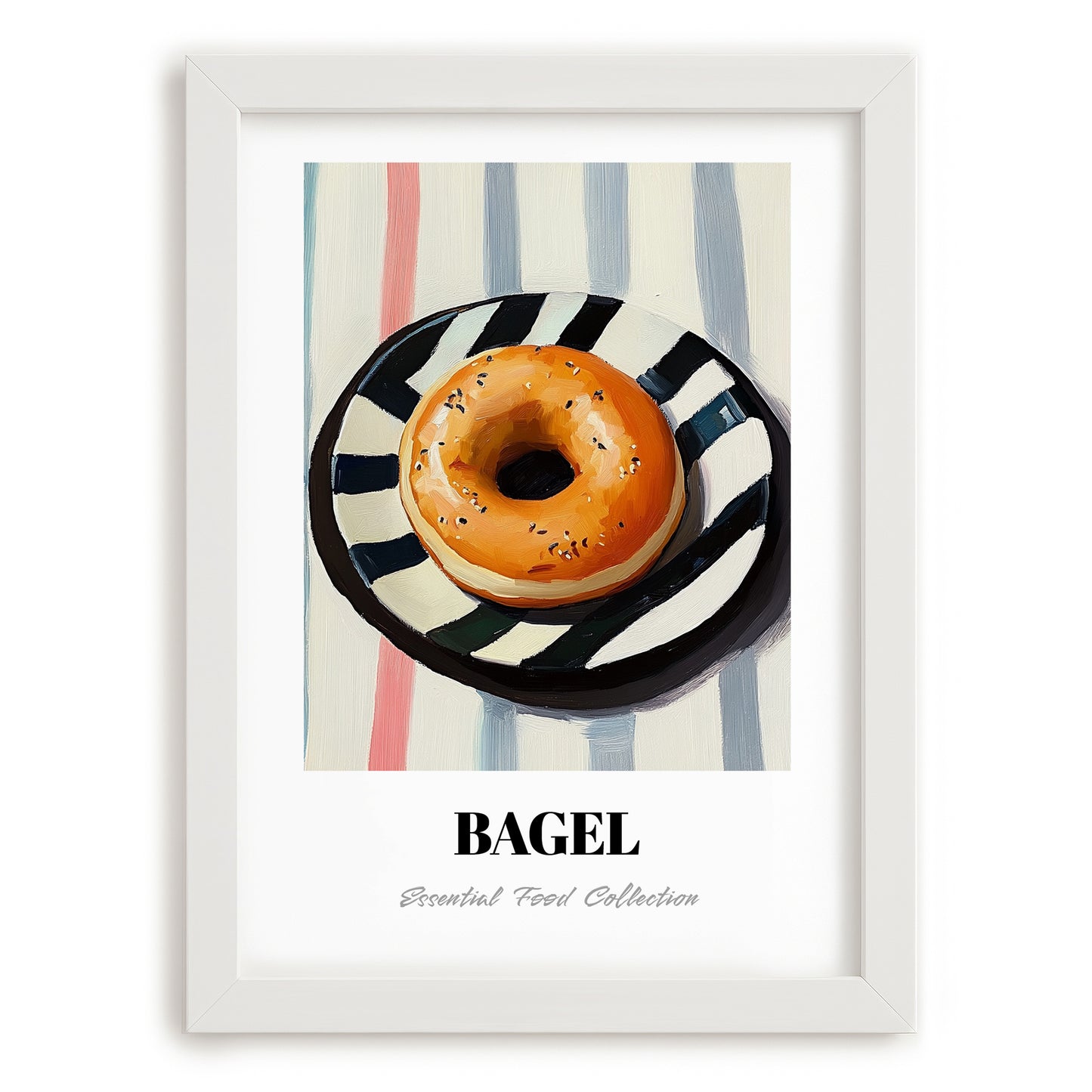 Bagel – on Striped Tablecloth, American Pastry Wall Painting, placed in minimal white frame
