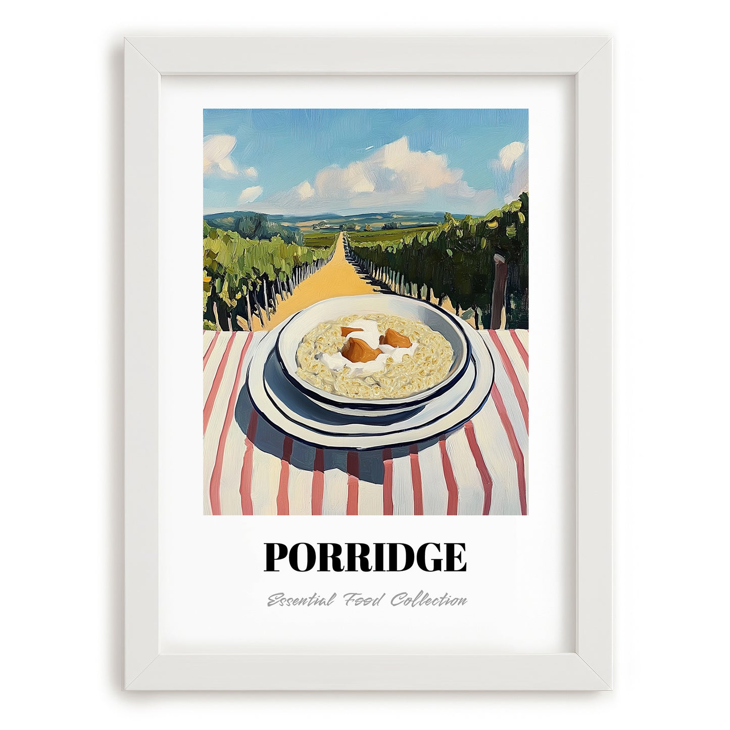 Porridge – Hillside Café View, British Food Illustration, placed in minimal white frame